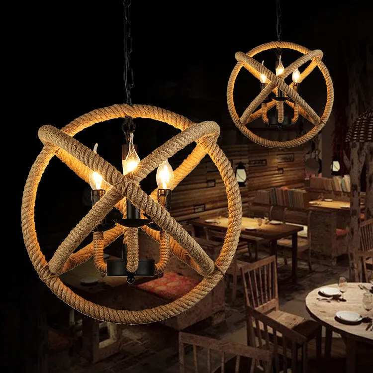 Contemporary Industrial Hemp Rope Round 4-Light Pendant Light For Dining Room