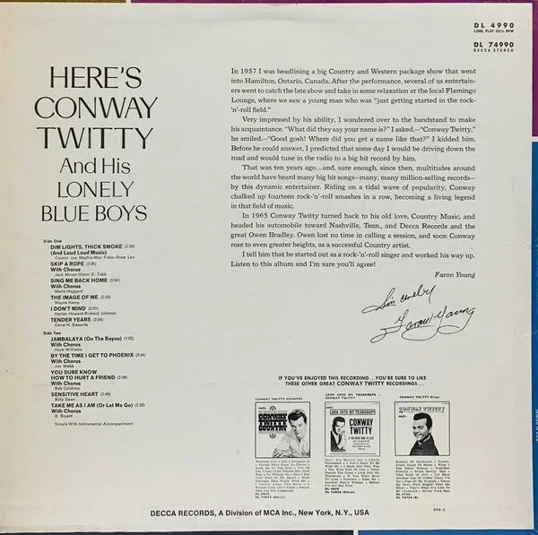 Conway Twitty - Here's Conway Twitty (LP, Album, Pin) (VG)