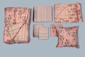 Coral Peach Leaves Printed 7 PC Set