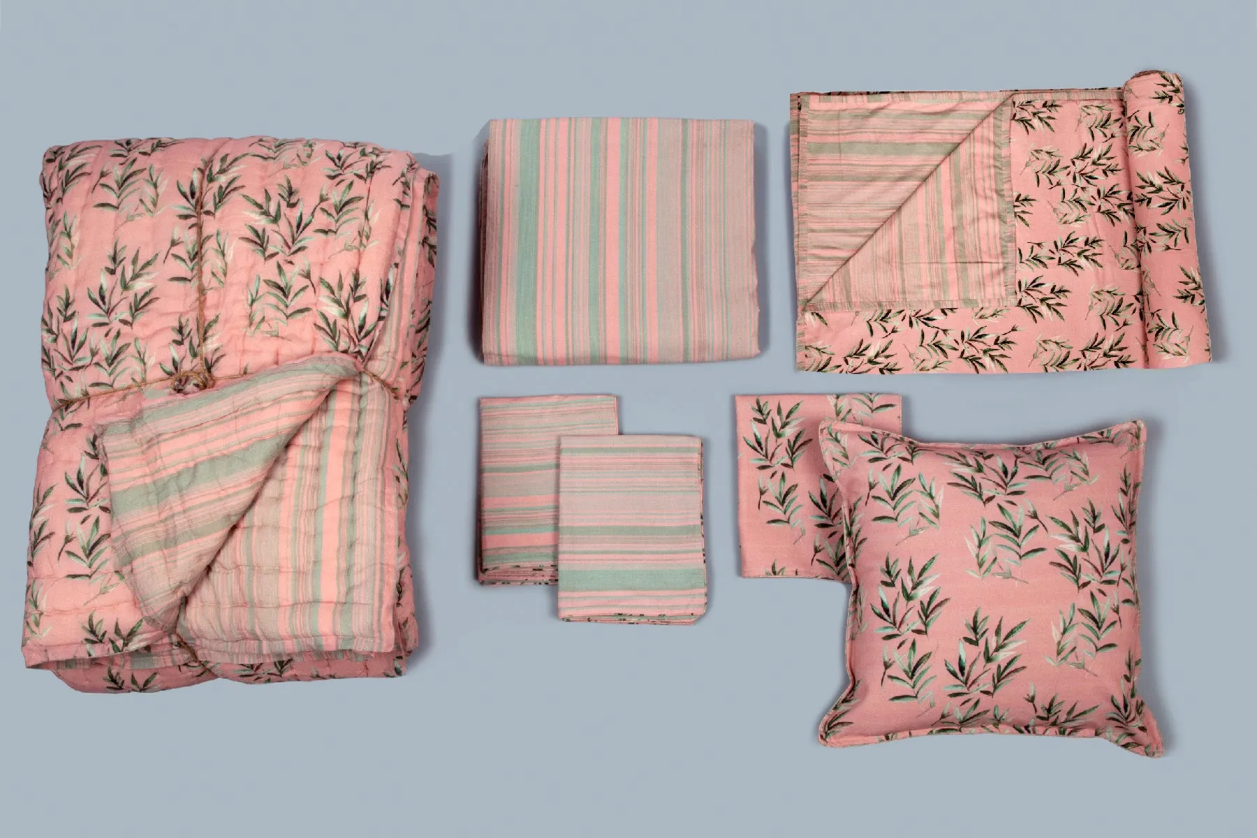 Coral Peach Leaves Printed 7 PC Set