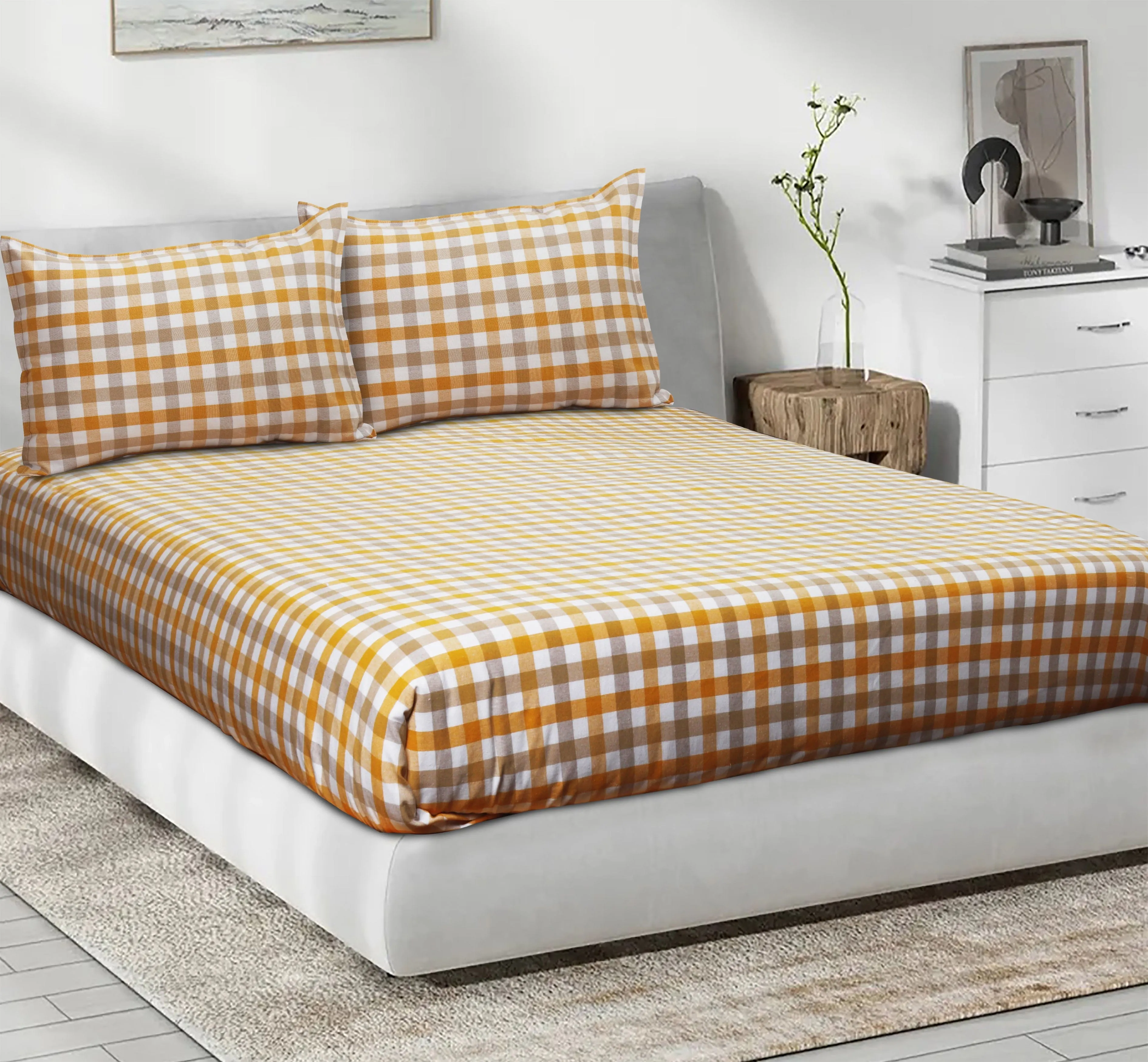 Cotton Checkered Bedsheet with Pillow Covers (Yellow, Beige) - available sizes, Single, Double/Queen, King and Super King