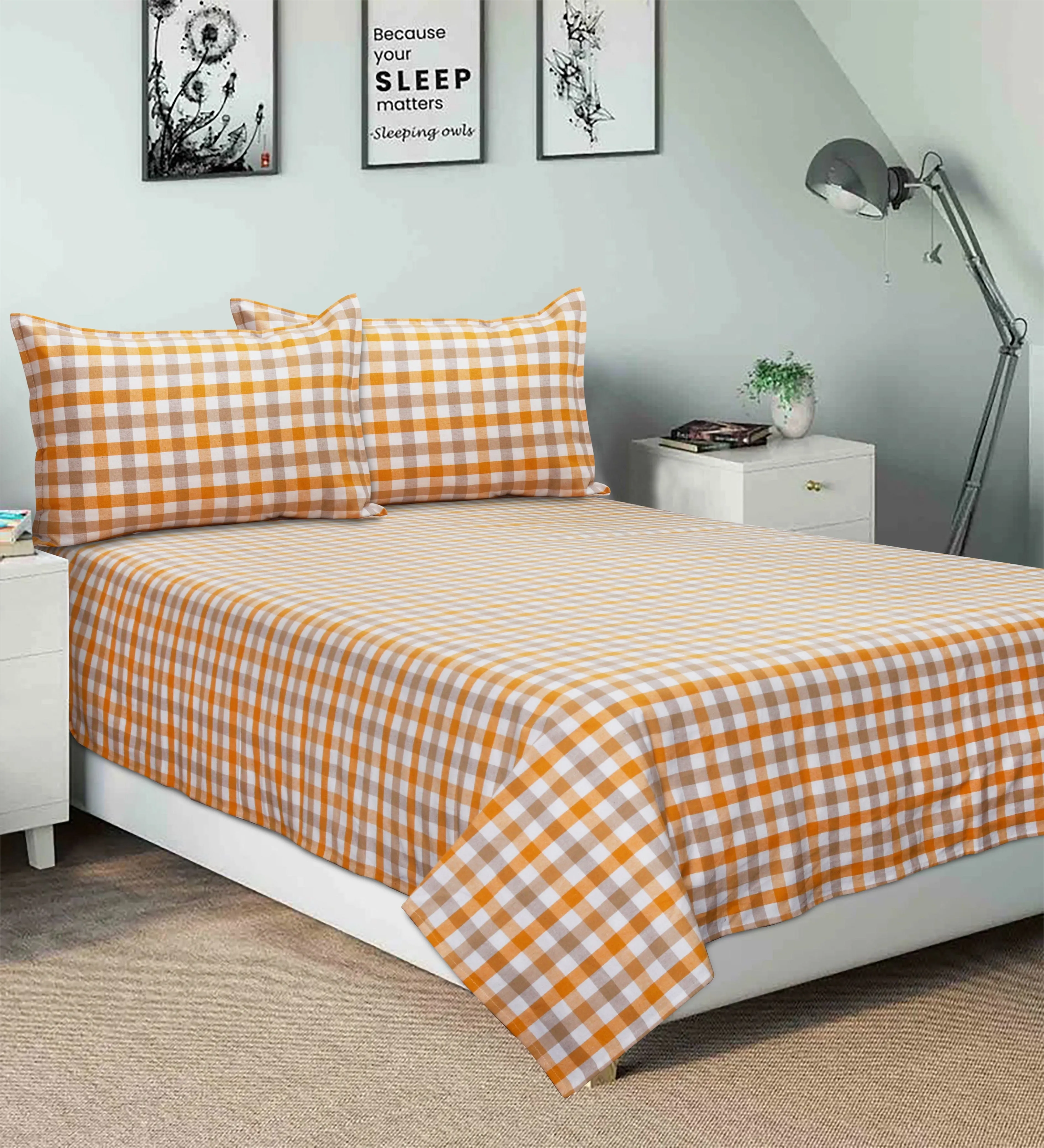 Cotton Checkered Bedsheet with Pillow Covers (Yellow, Beige) - available sizes, Single, Double/Queen, King and Super King