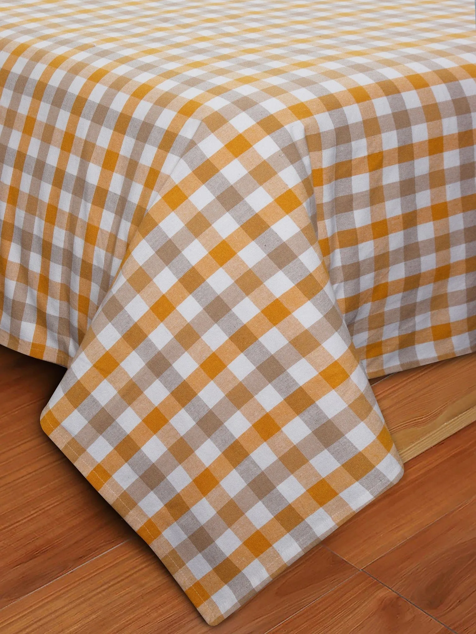 Cotton Checkered Bedsheet with Pillow Covers (Yellow, Beige) - available sizes, Single, Double/Queen, King and Super King