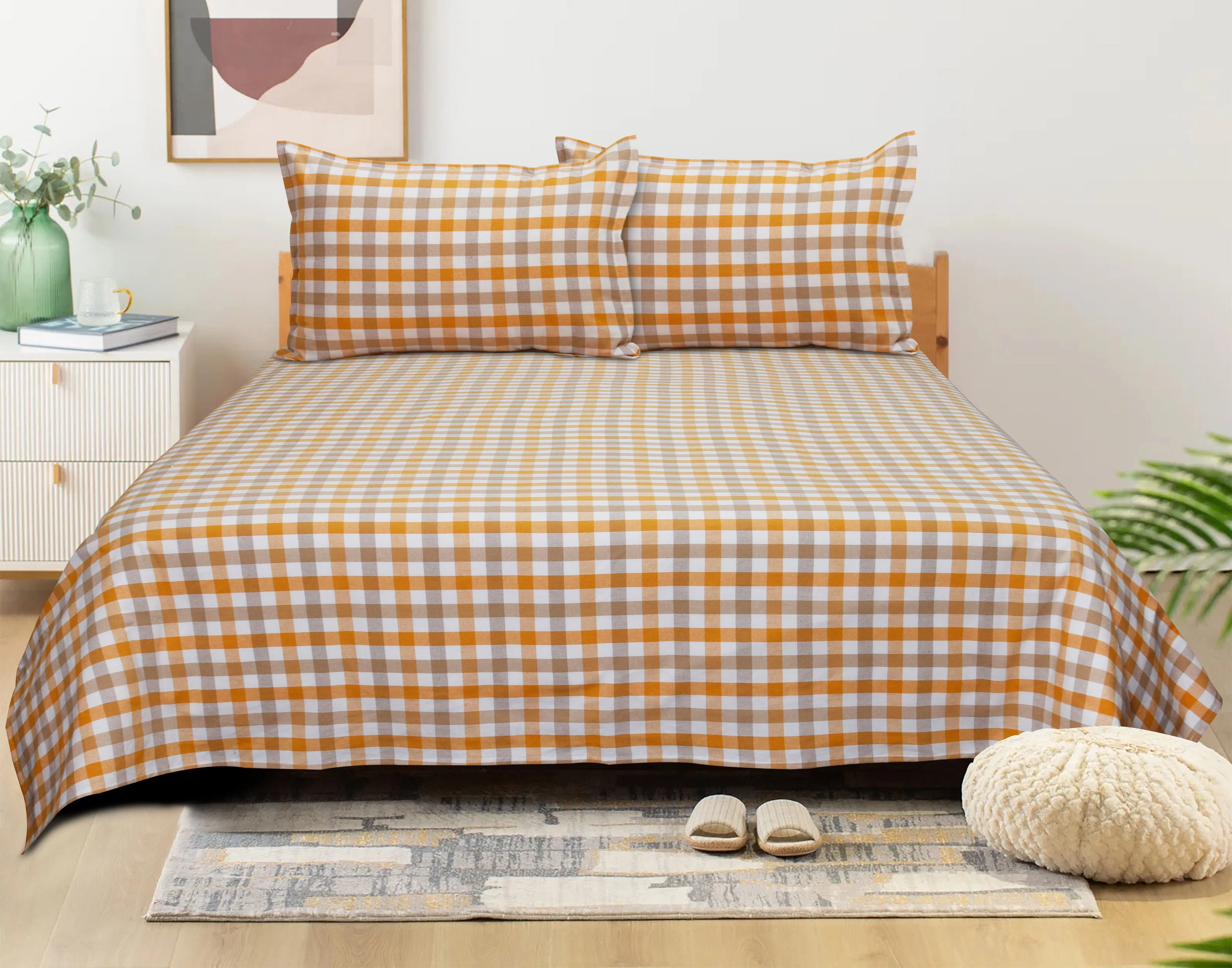 Cotton Checkered Bedsheet with Pillow Covers (Yellow, Beige) - available sizes, Single, Double/Queen, King and Super King