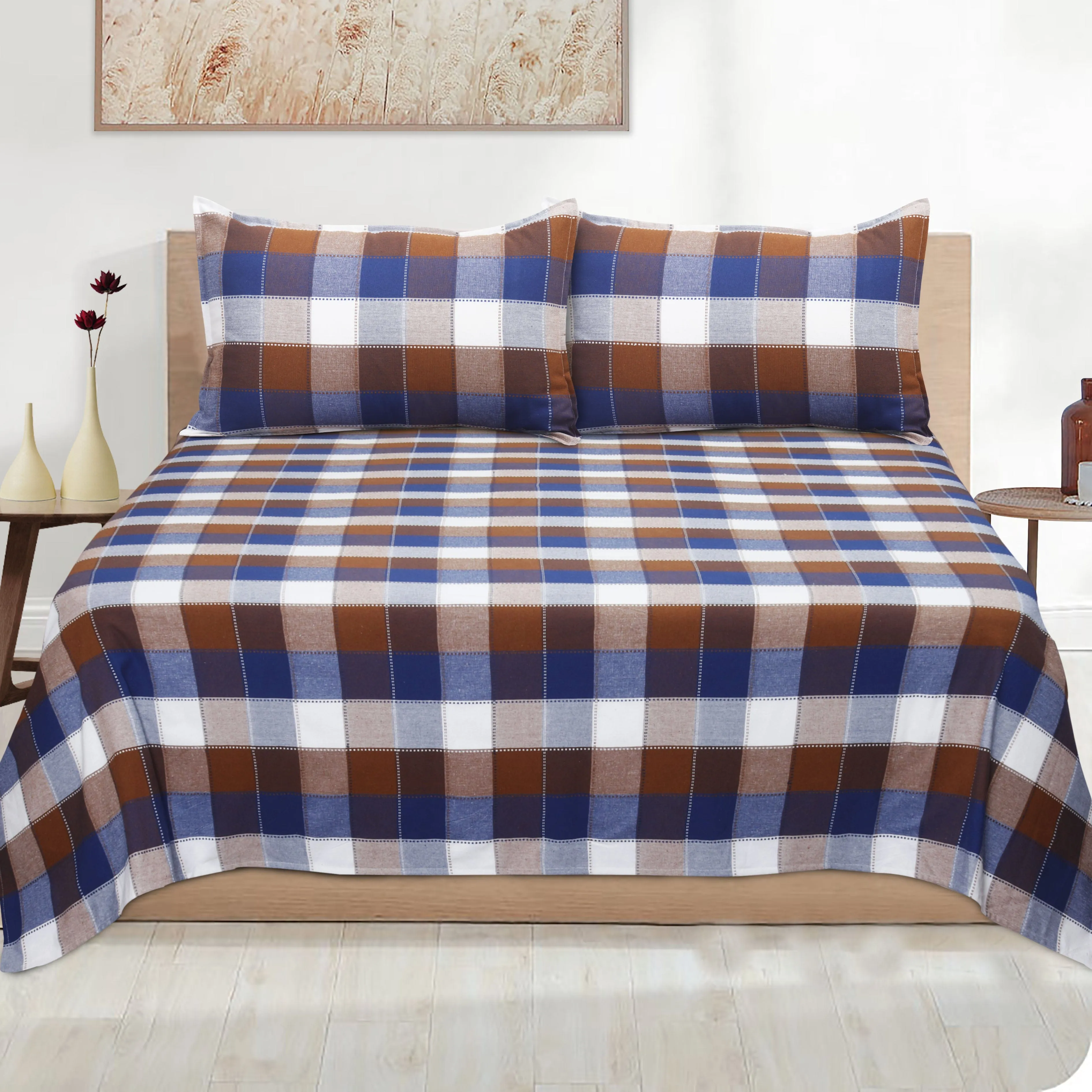 Cotton Double Checkered Bedsheet with 2 Pillow Covers (Pack of 3, Black)