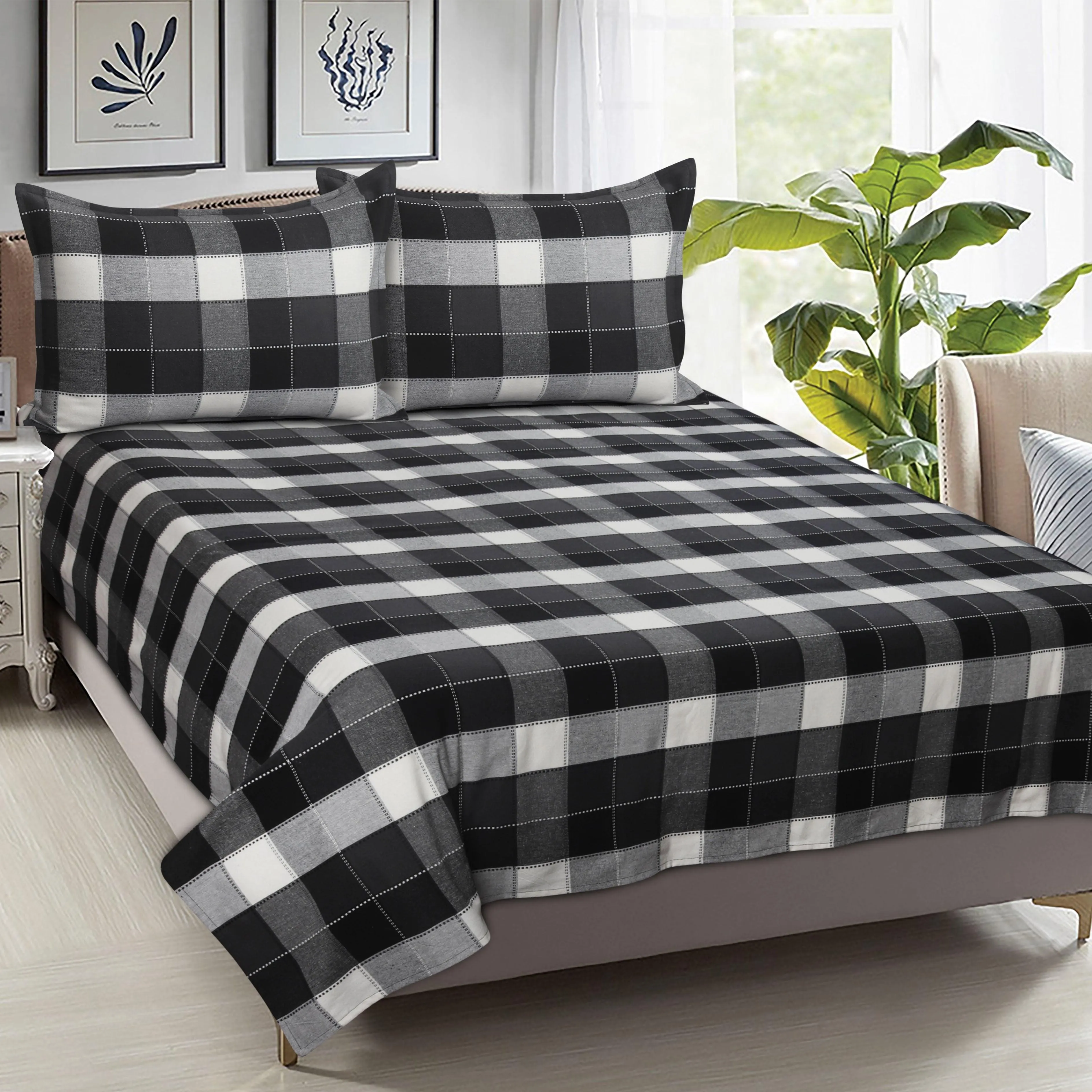 Cotton Double Checkered Bedsheet with 2 Pillow Covers (Pack of 3, Black)