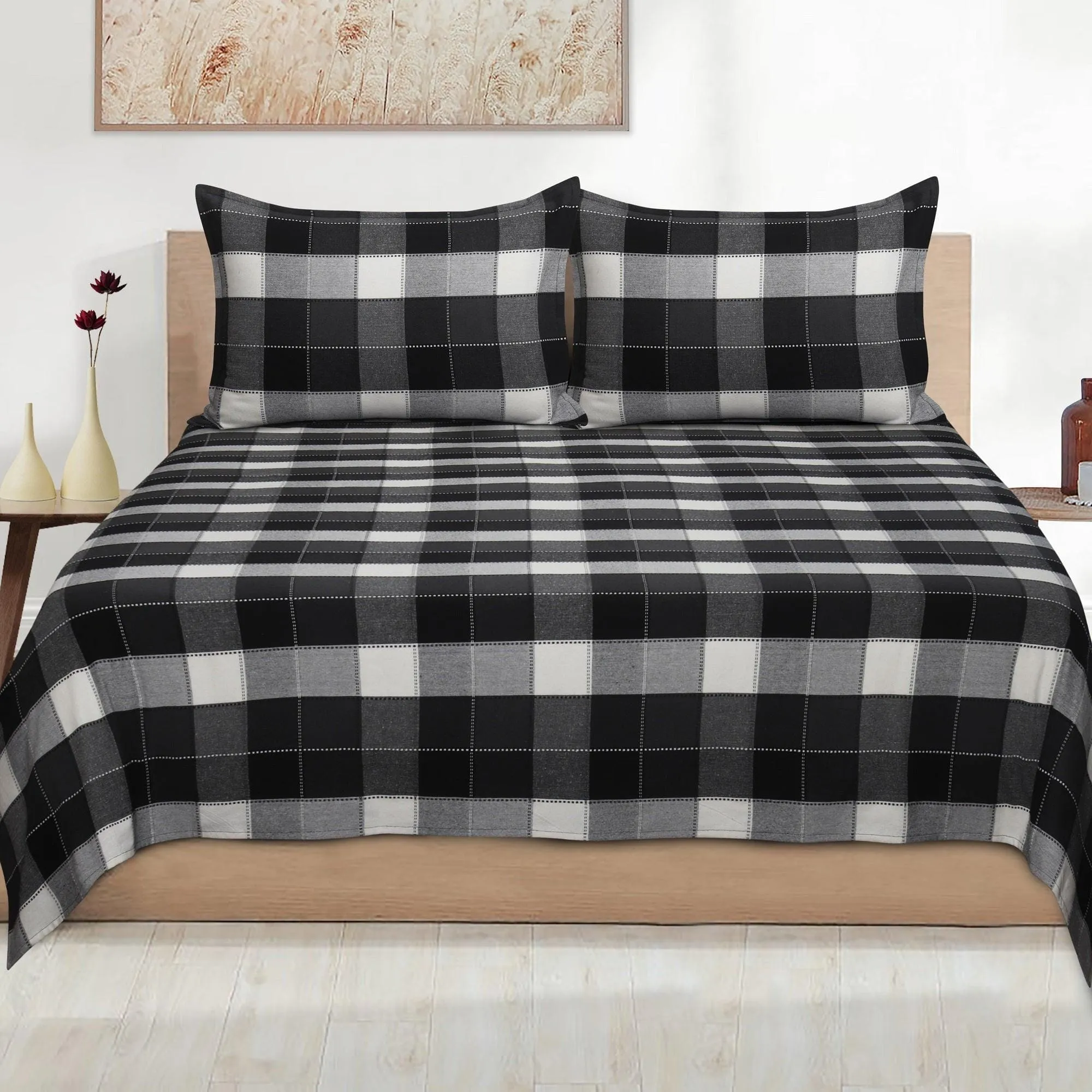 Cotton Double Checkered Bedsheet with 2 Pillow Covers (Pack of 3, Black)