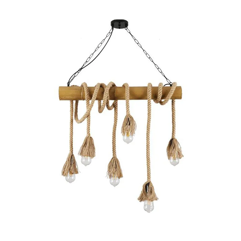 Country Hemp Rope Pendant Lighting with Bamboo Stick - 6 Bulbs, Brown Finish