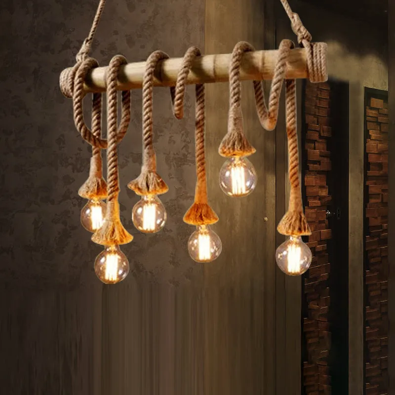 Country Hemp Rope Pendant Lighting with Bamboo Stick - 6 Bulbs, Brown Finish