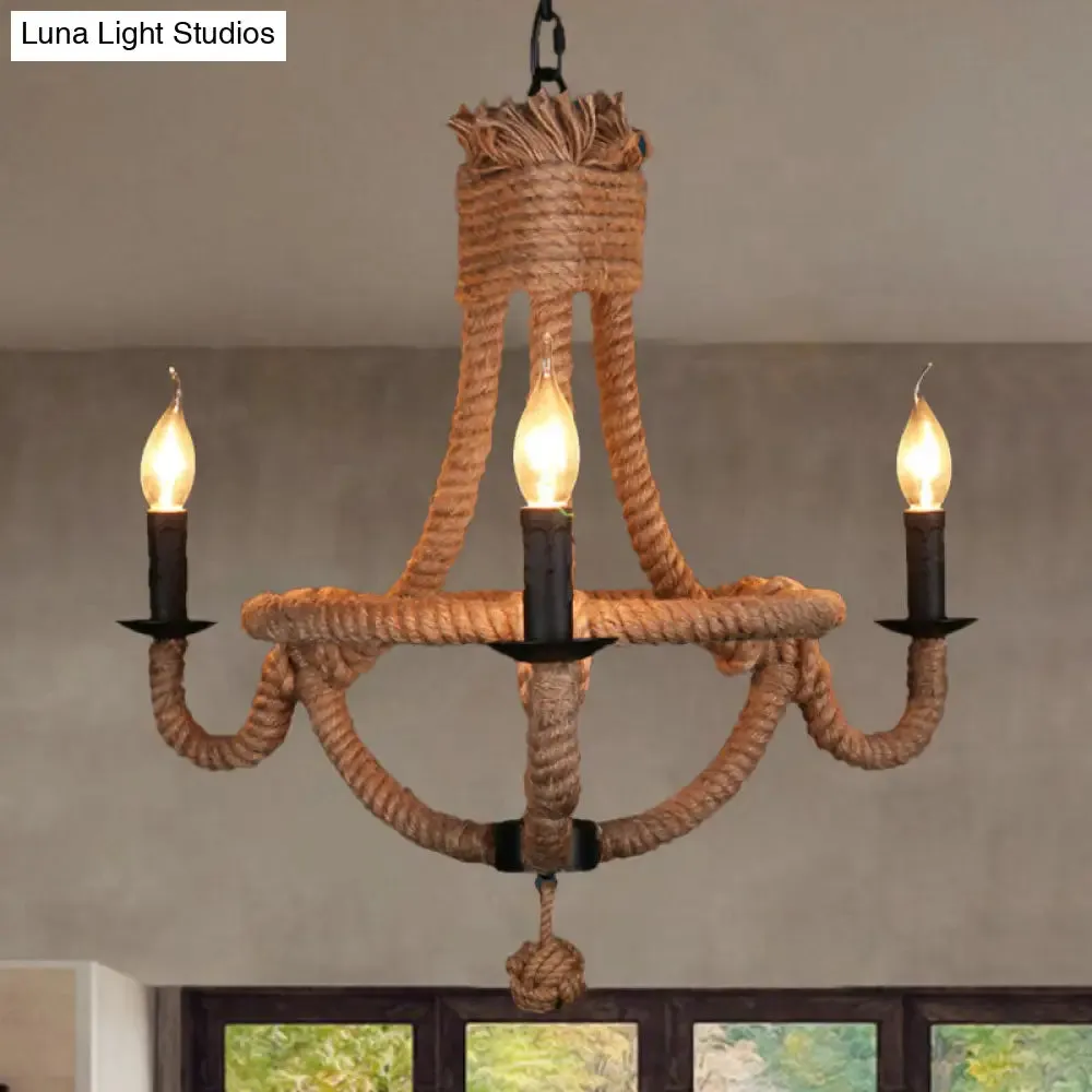 Country Style Black Metal Chandelier with 3 Candle Lights and Rope Detail