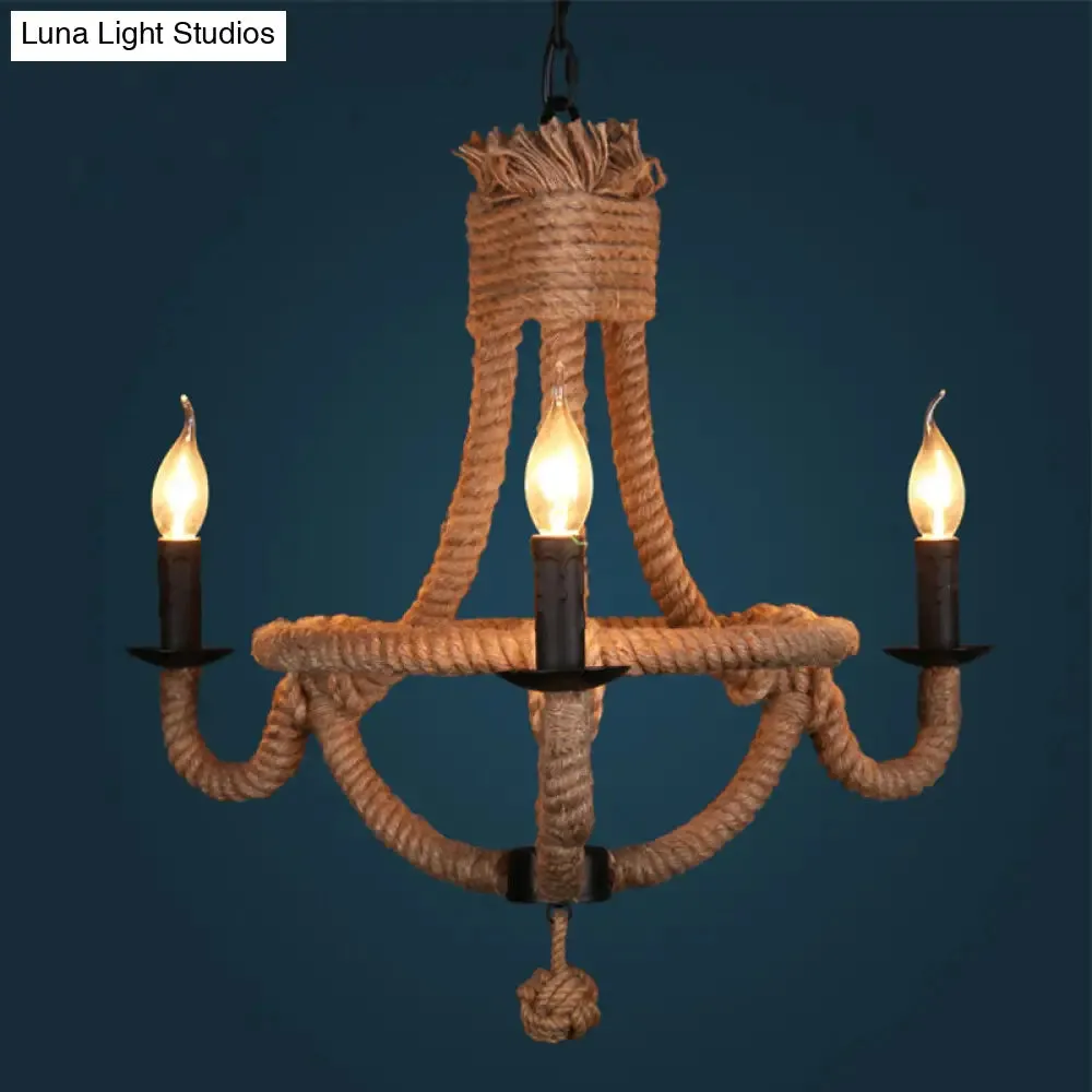 Country Style Black Metal Chandelier with 3 Candle Lights and Rope Detail