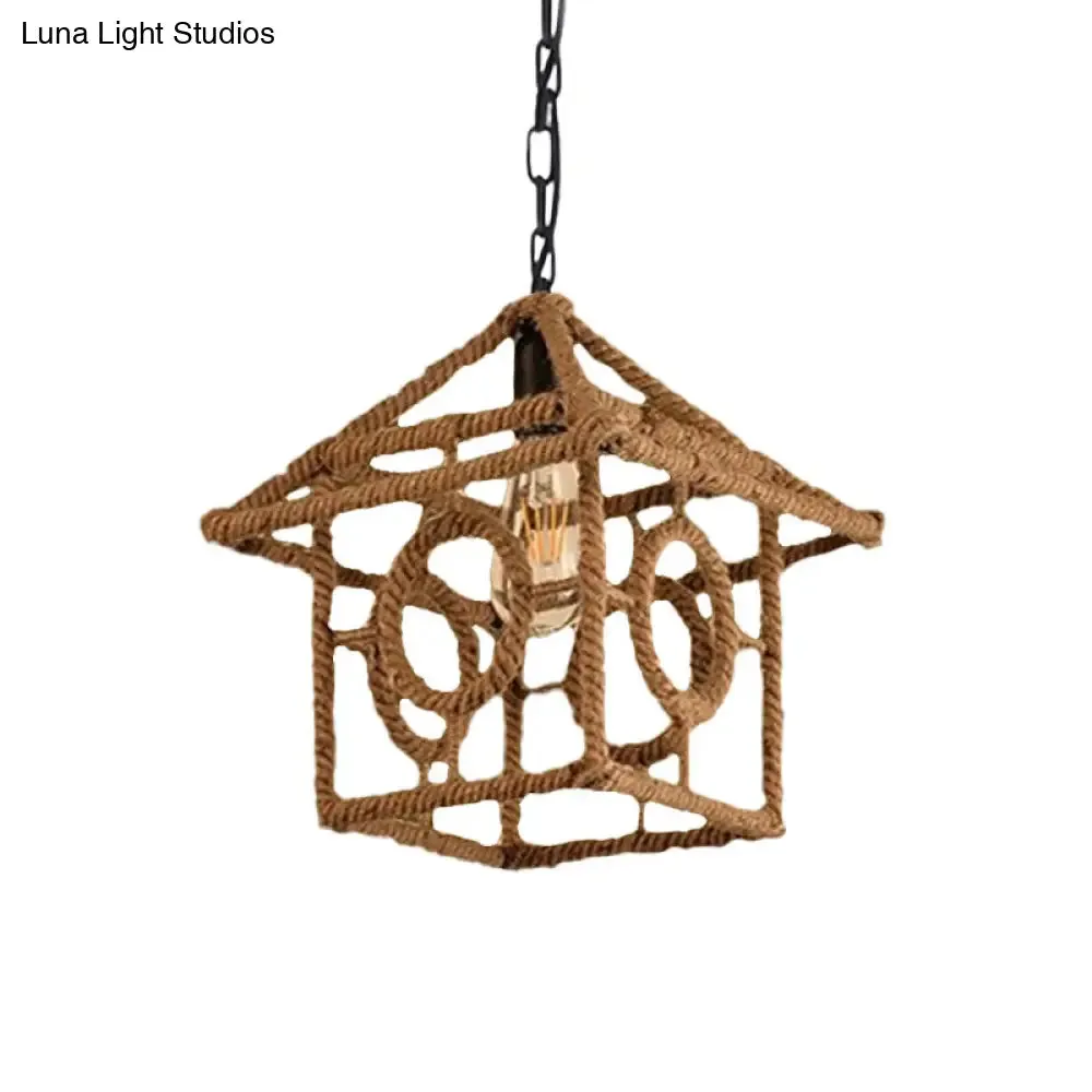 Country Style Black Metal Hanging Ceiling Light with Caged Bulb and Globe/Square Shade – Rope Pendant