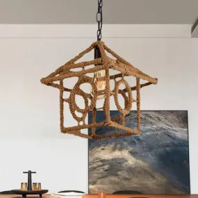 Country Style Black Metal Hanging Ceiling Light with Caged Bulb and Globe/Square Shade – Rope Pendant