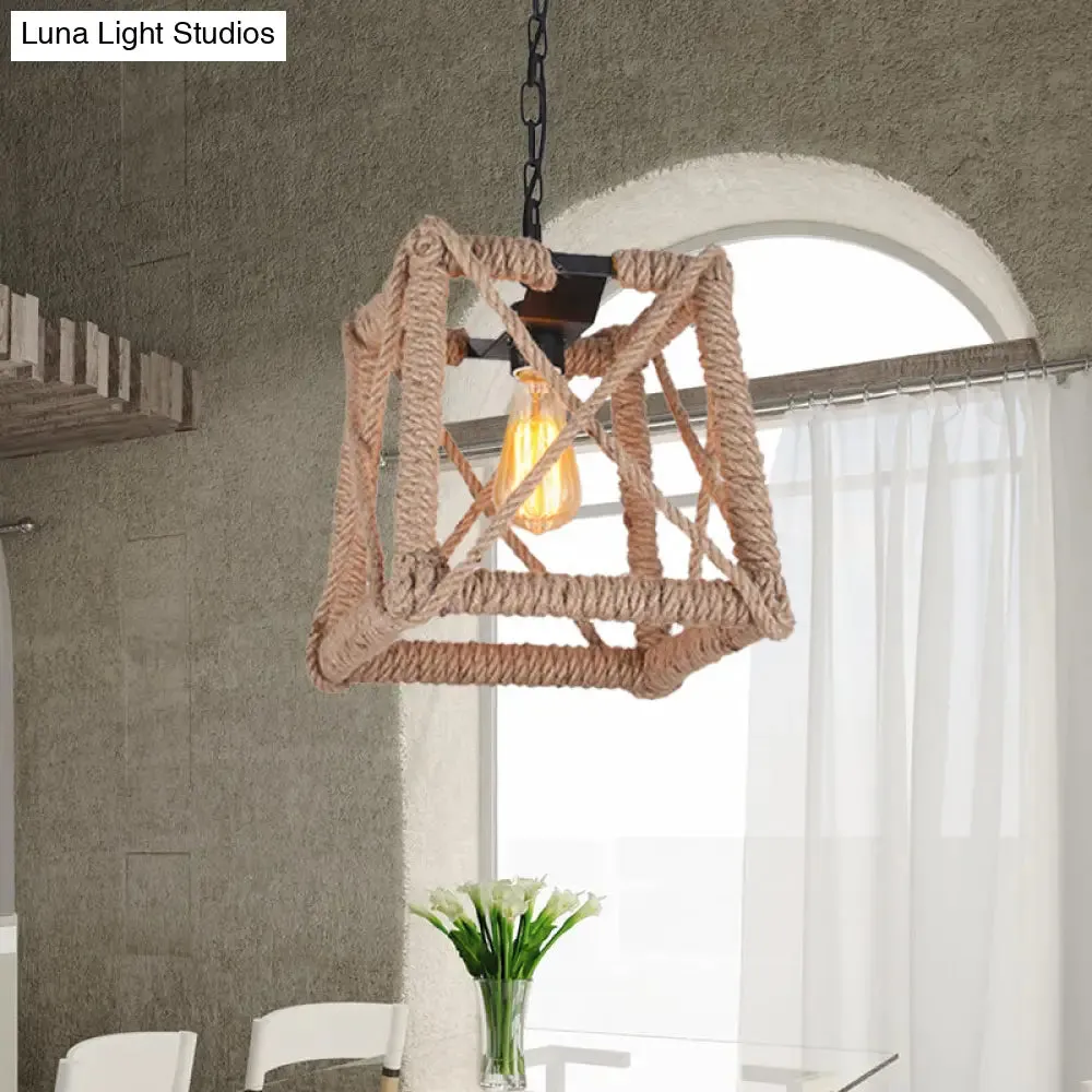 Country Style Black Metal Hanging Ceiling Light with Caged Bulb and Globe/Square Shade – Rope Pendant