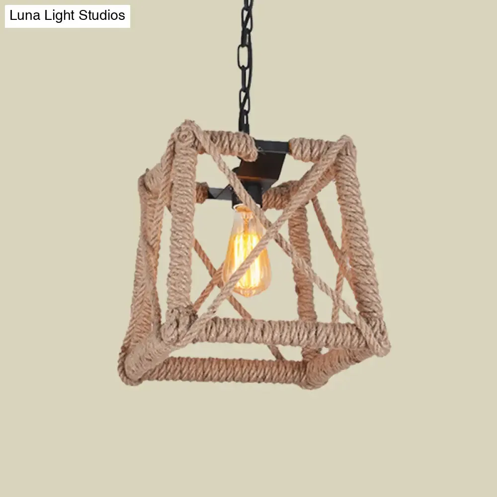 Country Style Black Metal Hanging Ceiling Light with Caged Bulb and Globe/Square Shade – Rope Pendant