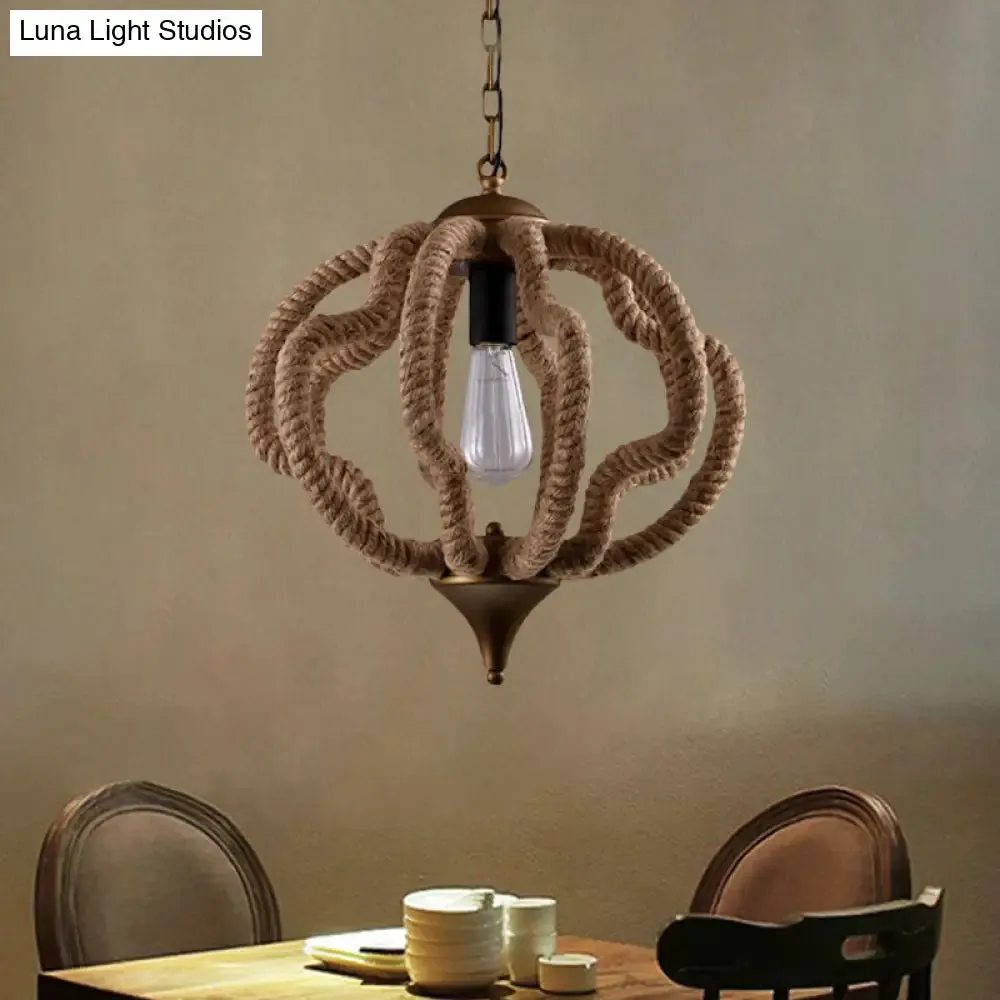 Country Style Black Metal Hanging Ceiling Light with Caged Bulb and Globe/Square Shade – Rope Pendant