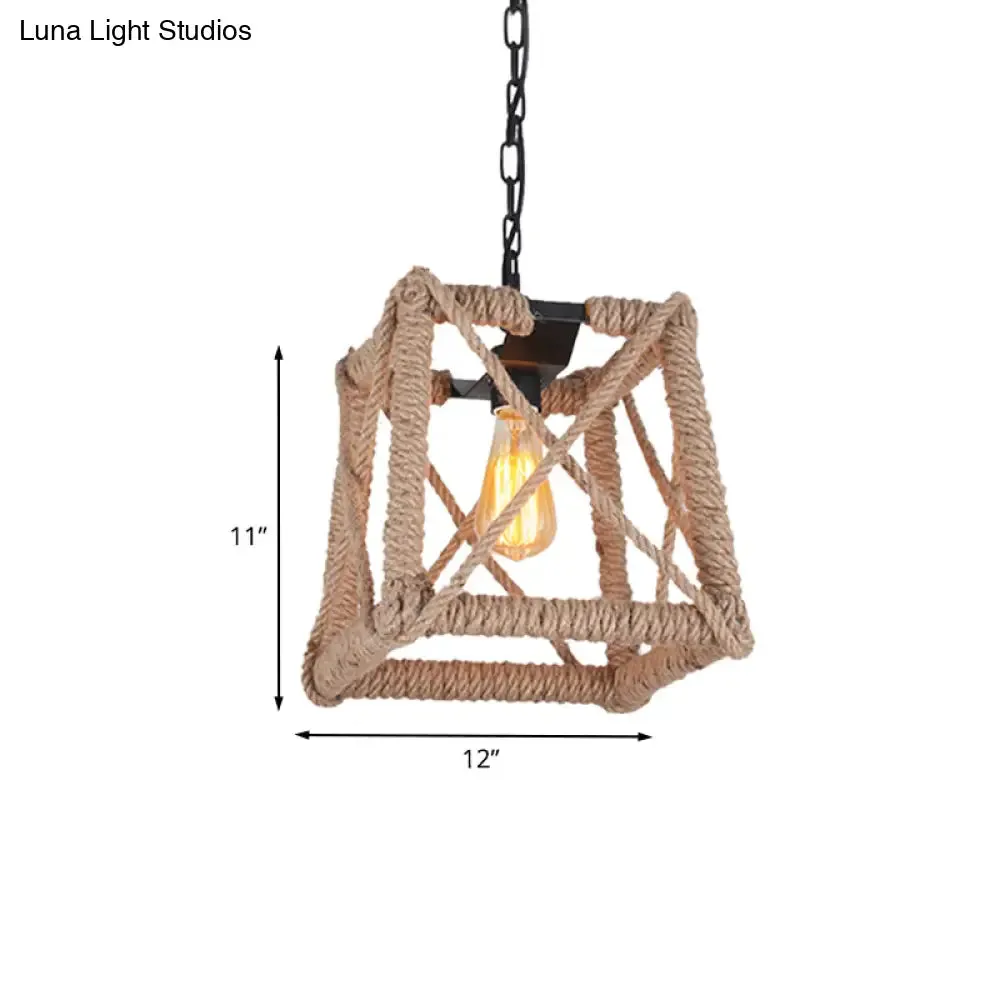 Country Style Black Metal Hanging Ceiling Light with Caged Bulb and Globe/Square Shade – Rope Pendant