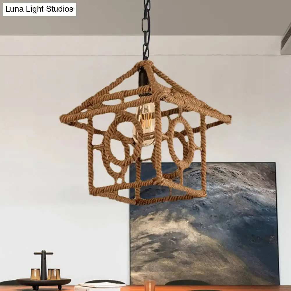 Country Style Black Metal Hanging Ceiling Light with Caged Bulb and Globe/Square Shade – Rope Pendant