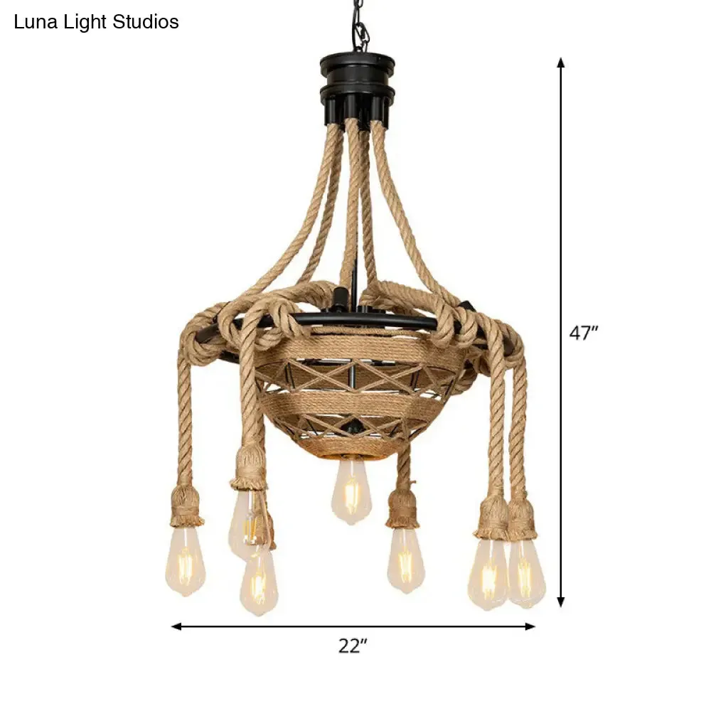 Country Style Rope Bowl Pendant Chandelier with Bare Bulb Design, Brown - 6 Heads Hanging Light for Dining Room