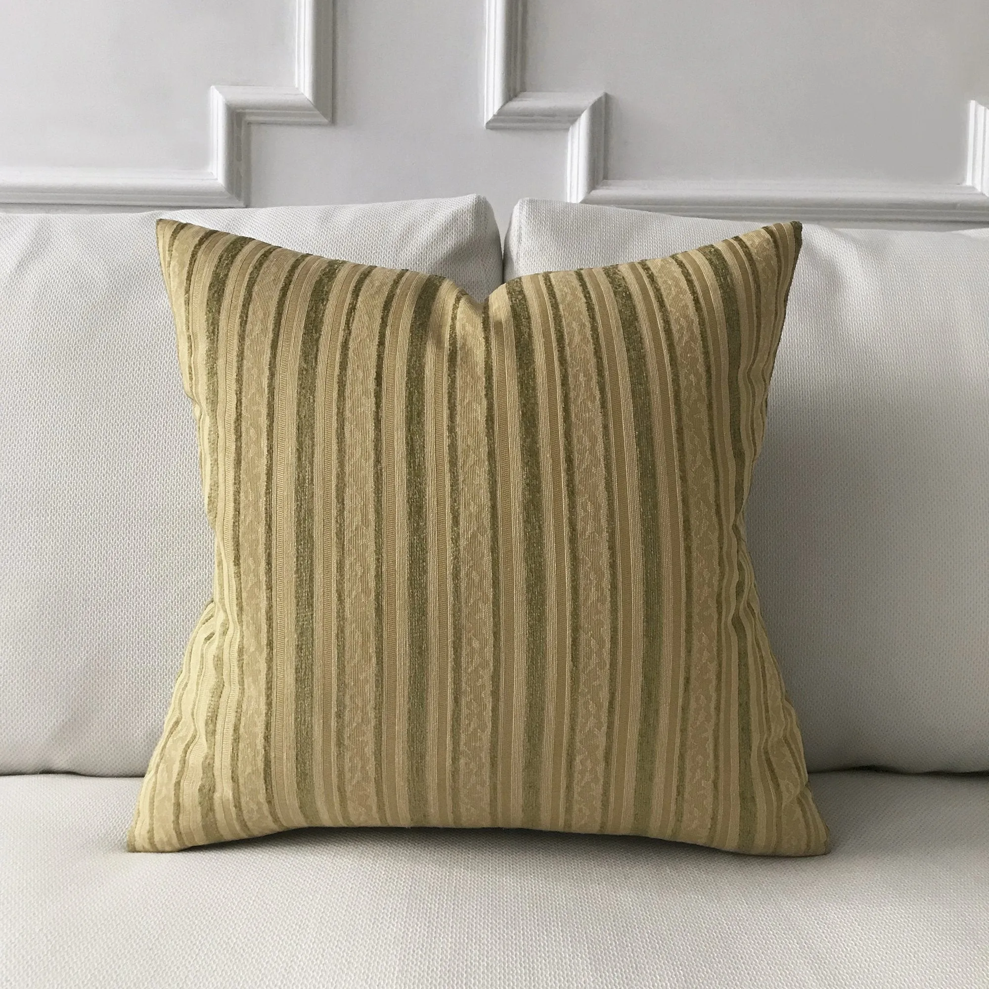 Cream and Sage Woven Striped Decorative Pillow Cover