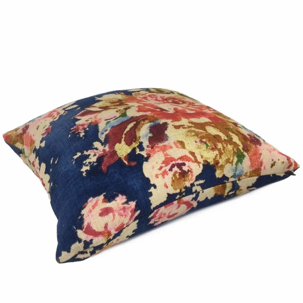 Dark Blue Aphrodite Floral Cotton Linen Print Pillow Cover