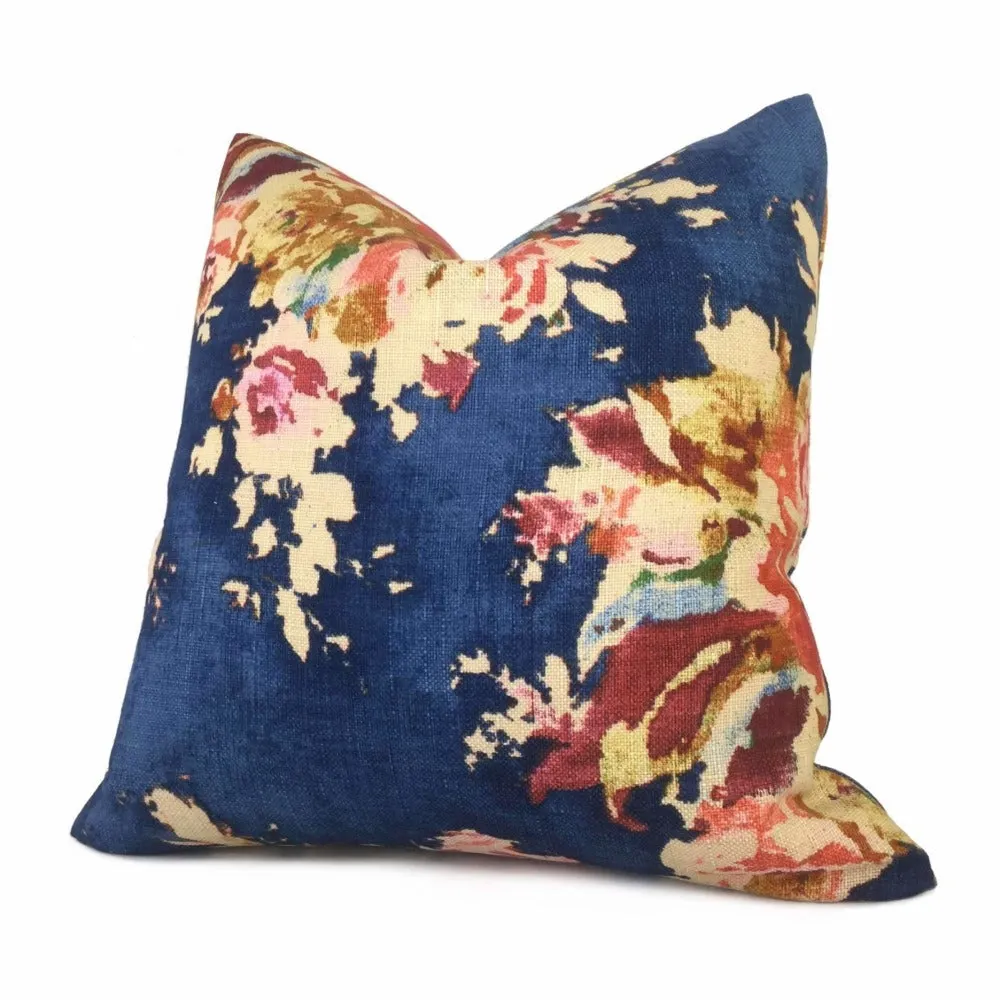 Dark Blue Aphrodite Floral Cotton Linen Print Pillow Cover