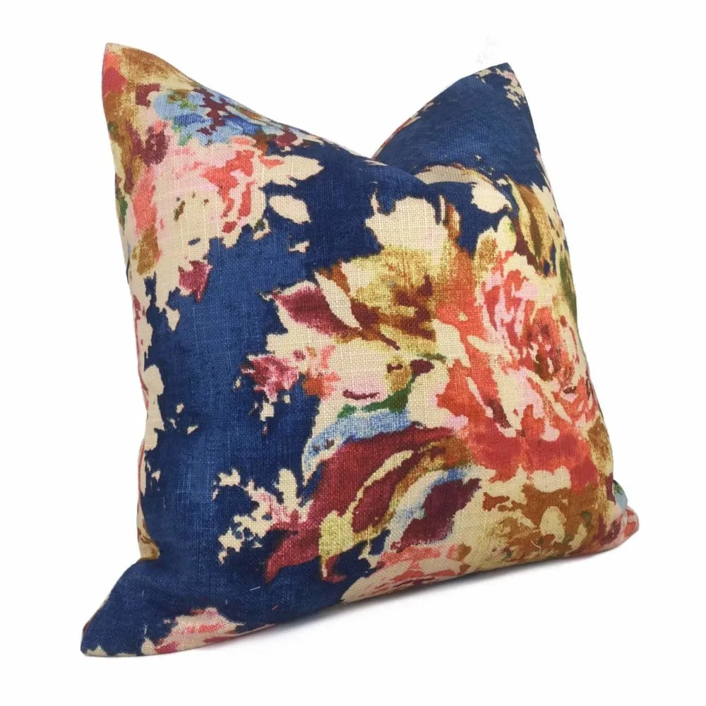 Dark Blue Aphrodite Floral Cotton Linen Print Pillow Cover