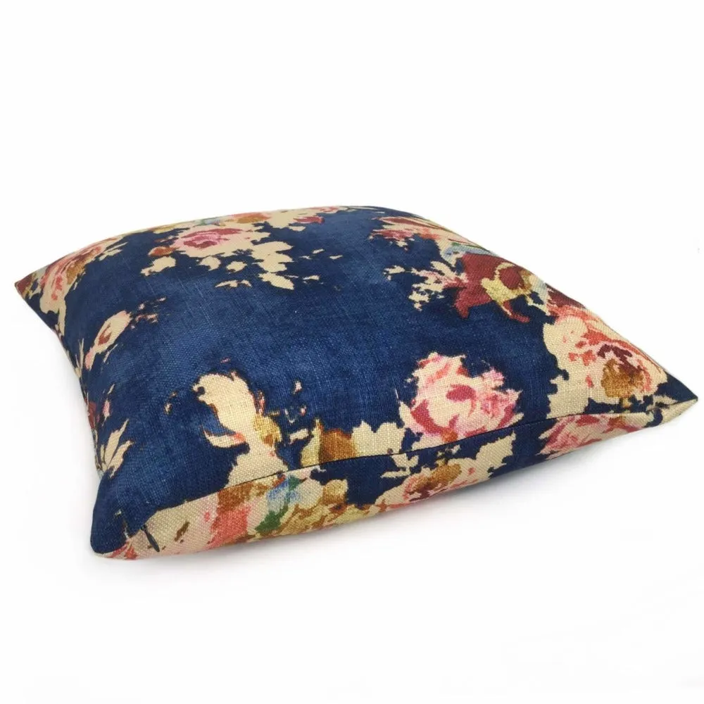 Dark Blue Aphrodite Floral Cotton Linen Print Pillow Cover