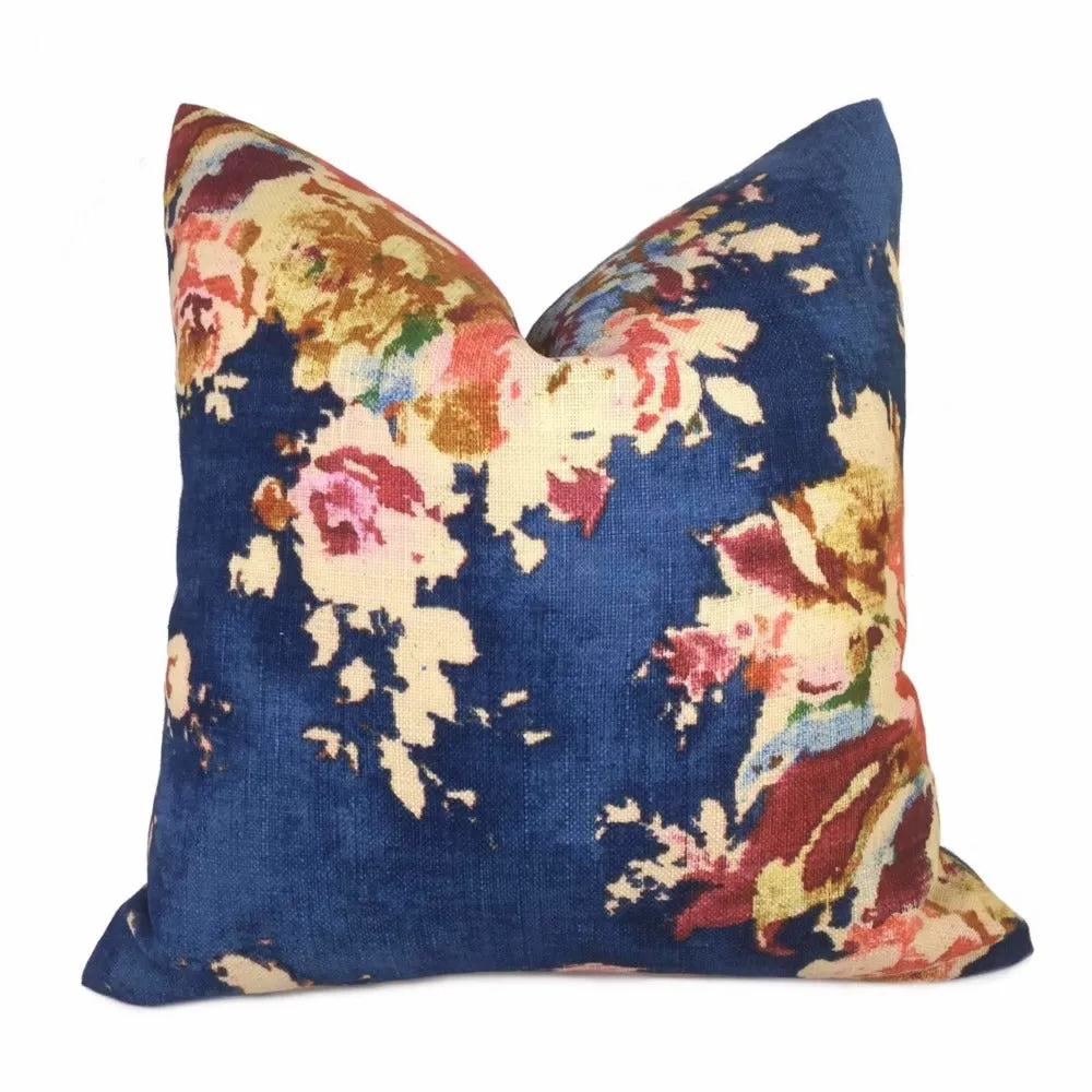 Dark Blue Aphrodite Floral Cotton Linen Print Pillow Cover