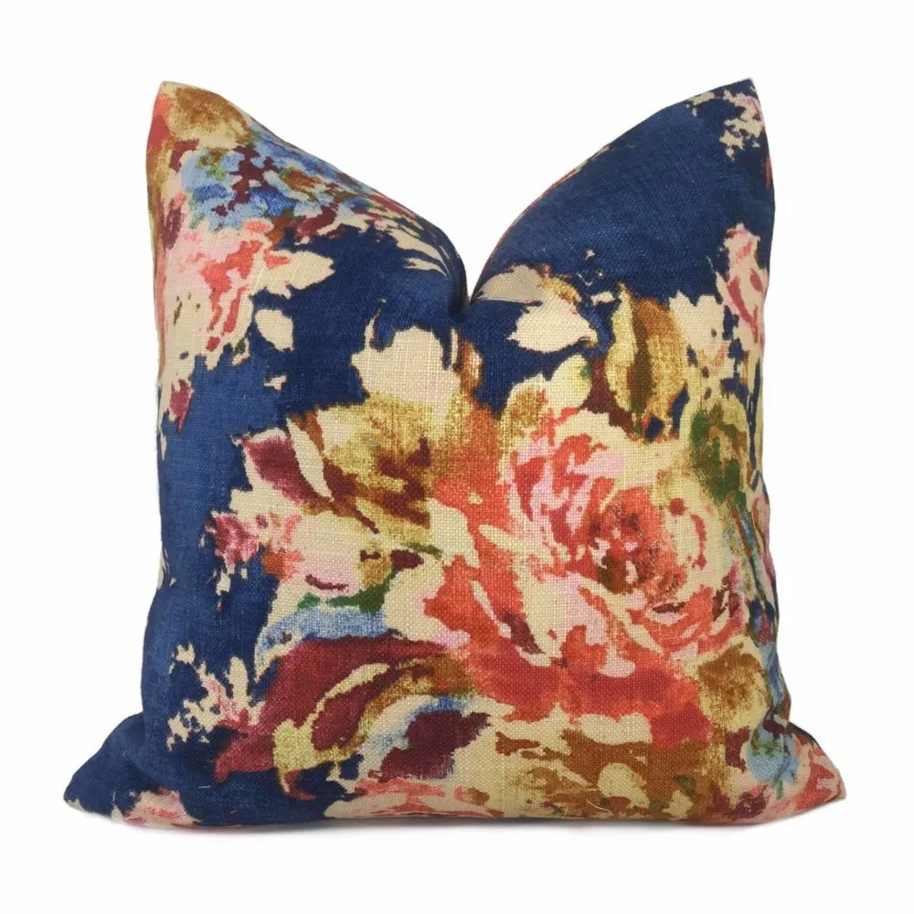 Dark Blue Aphrodite Floral Cotton Linen Print Pillow Cover