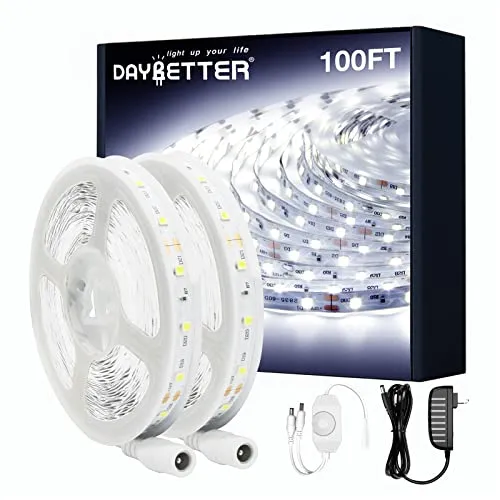 DAYBETTER White LED Strip Light, 100ft Dimmable led Strip, 6500K 12V Light Strips, 1800 LEDs 2835 Tape Lights for Bedroom, Kitchen, Mirror, Home Decoration