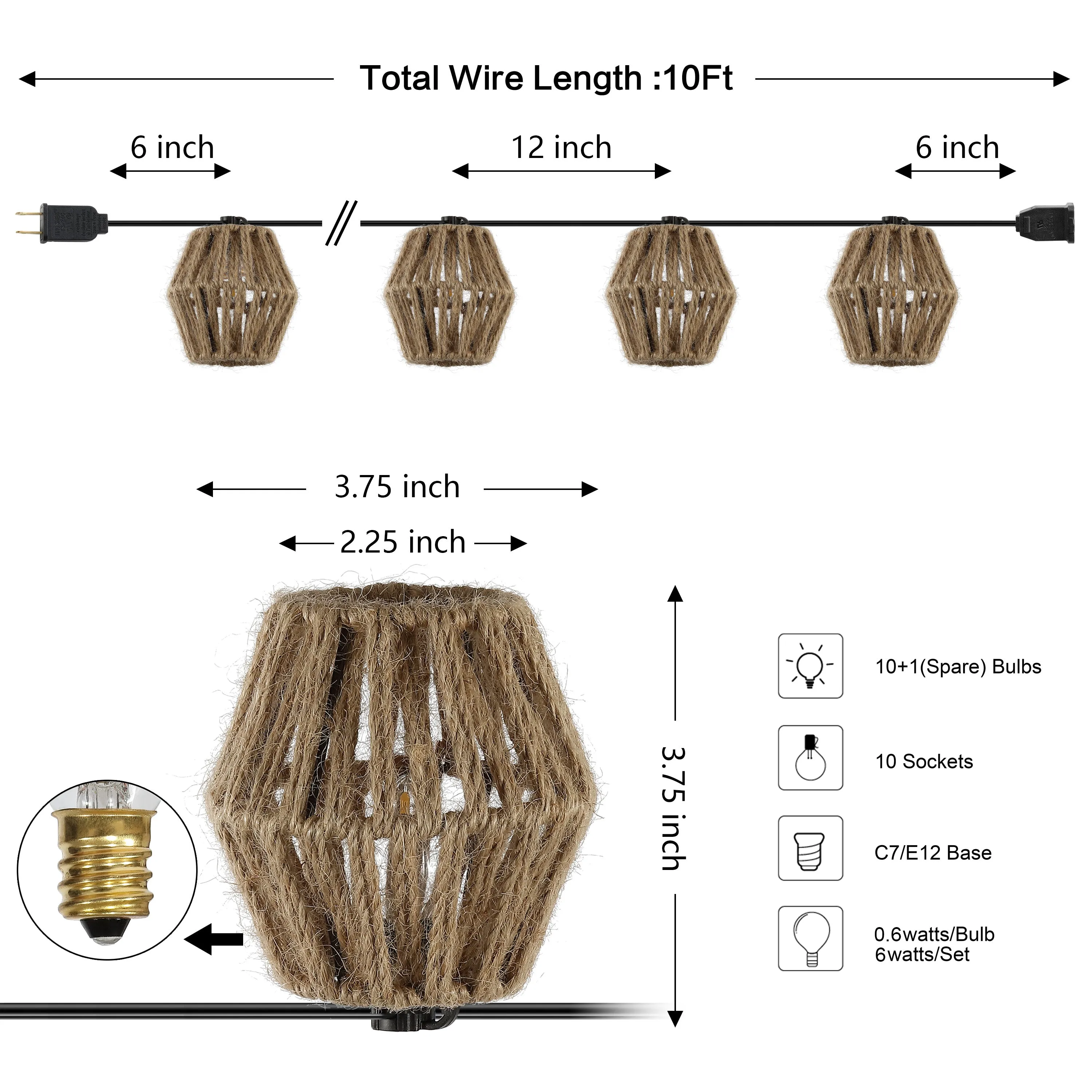 Decorative 10-Light Indoor/Outdoor 10 ft. Mid-Century Classic Incandescent C7 Lantern Hemp Rope Shaded String Lights