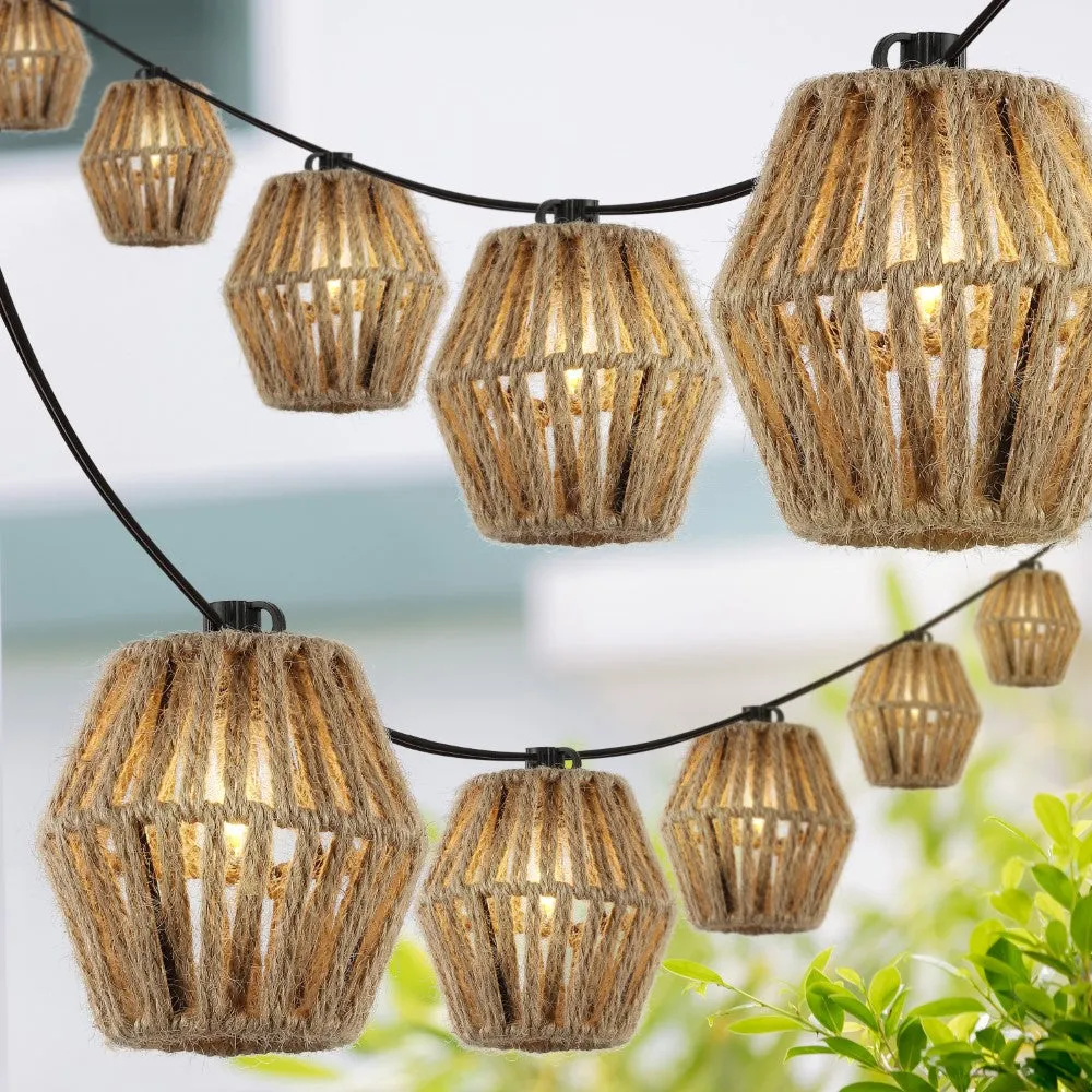 Decorative 10-Light Indoor/Outdoor 10 ft. Mid-Century Classic Incandescent C7 Lantern Hemp Rope Shaded String Lights