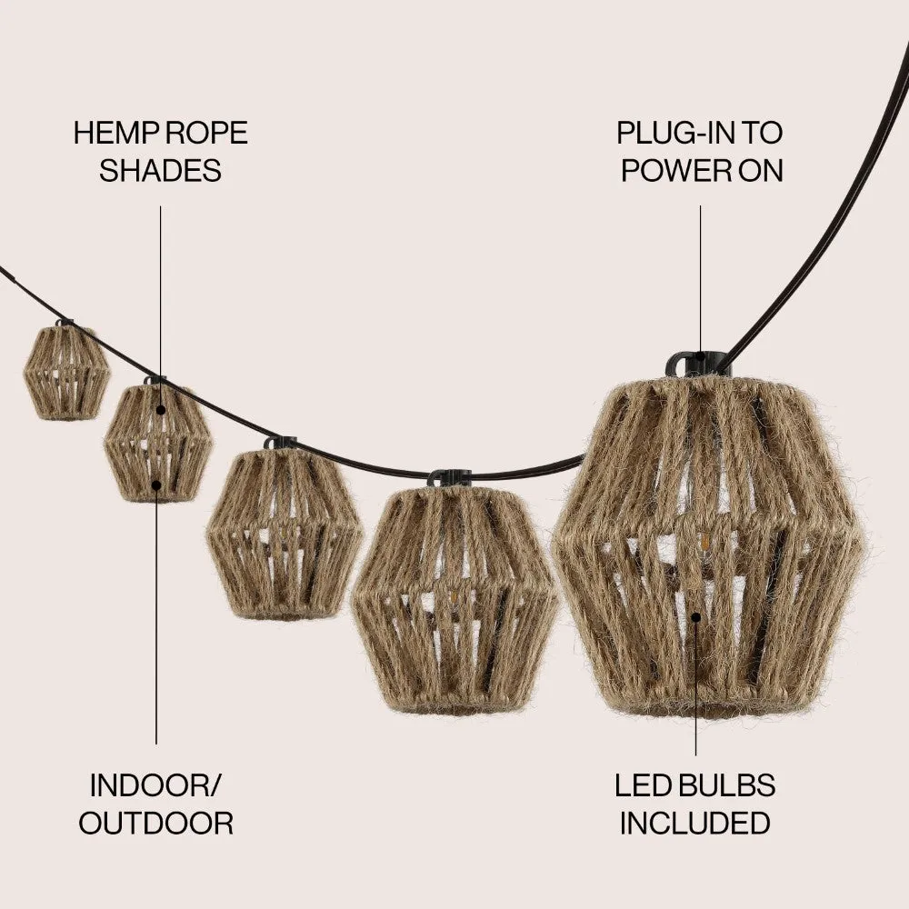 Decorative 10-Light Indoor/Outdoor 10 ft. Mid-Century Classic Incandescent C7 Lantern Hemp Rope Shaded String Lights