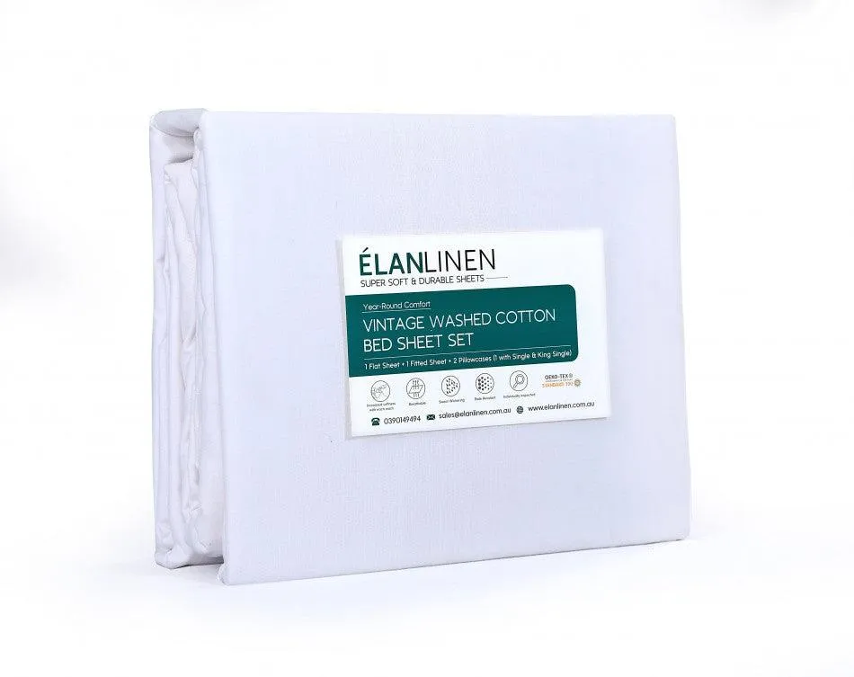 Elan Linen 100% Egyptian Cotton Vintage Washed 500TC White Double Bed Sheets Set