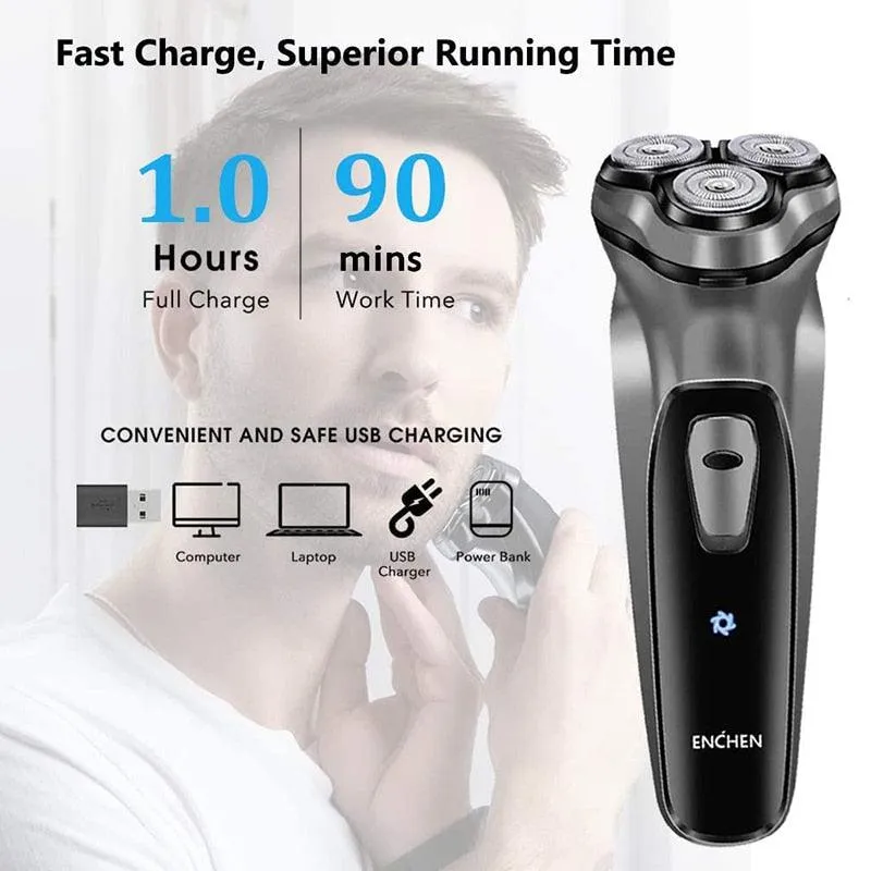 Enchen Black Stone 3D Electric Shaver: USB Type-C Rechargeable Battery, Anti Pinch Razor for Men