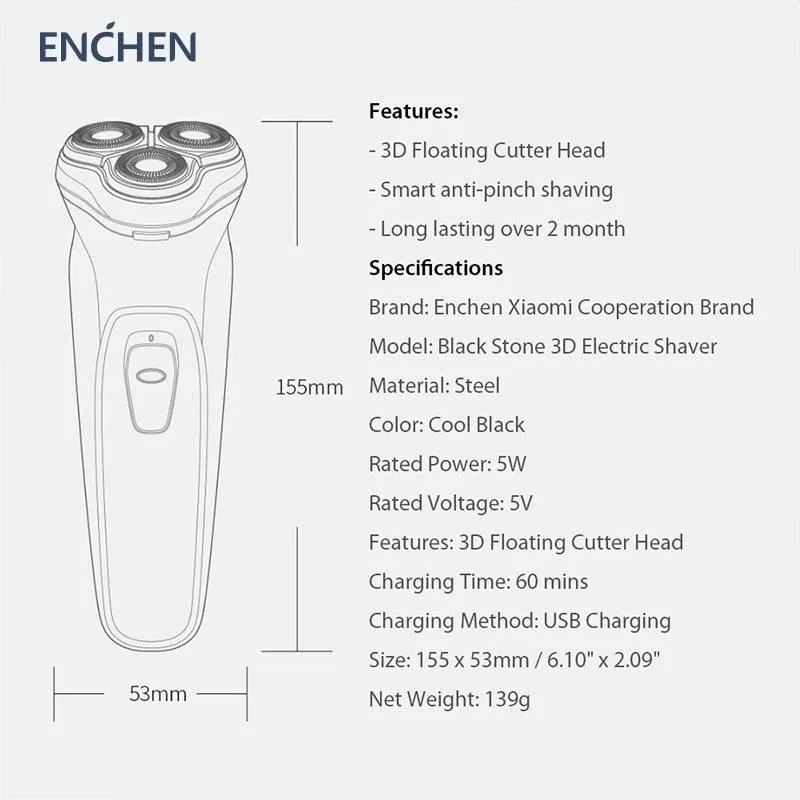 Enchen Black Stone 3D Electric Shaver: USB Type-C Rechargeable Battery, Anti Pinch Razor for Men