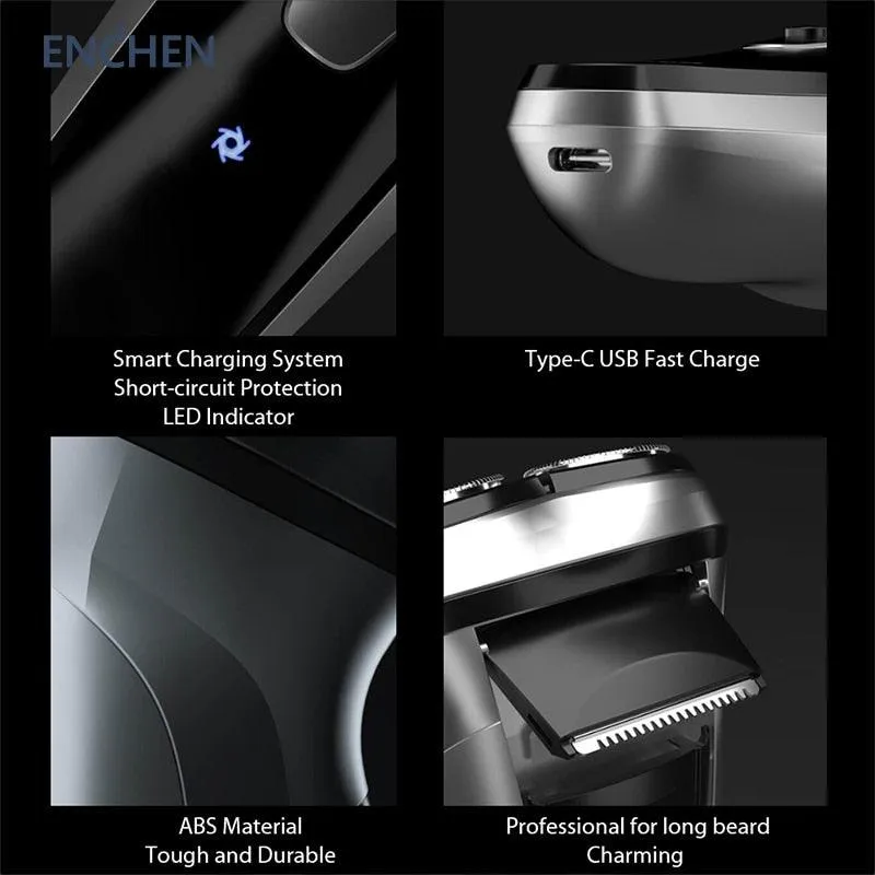 Enchen Black Stone 3D Electric Shaver: USB Type-C Rechargeable Battery, Anti Pinch Razor for Men