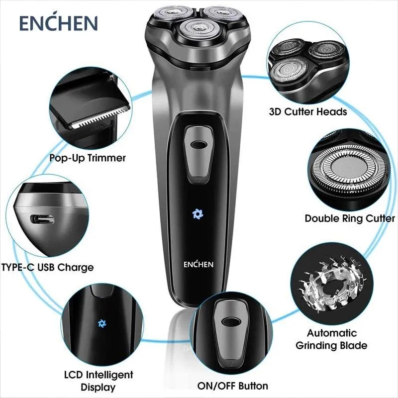 Enchen Black Stone 3D Electric Shaver: USB Type-C Rechargeable Battery, Anti Pinch Razor for Men