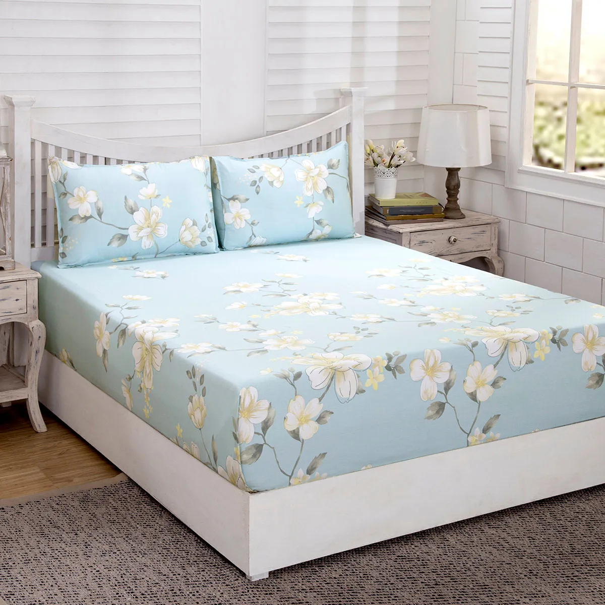 Essence Brielle Printed 200 TC 100% Cotton Blue Bed Sheet