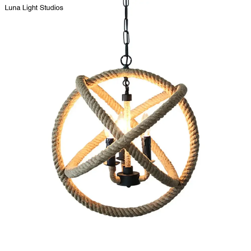 Factory Beige Natural Rope Globe Cage Chandelier Light with 3 Bulbs – Elegant Candle Design Hanging Lamp Kit