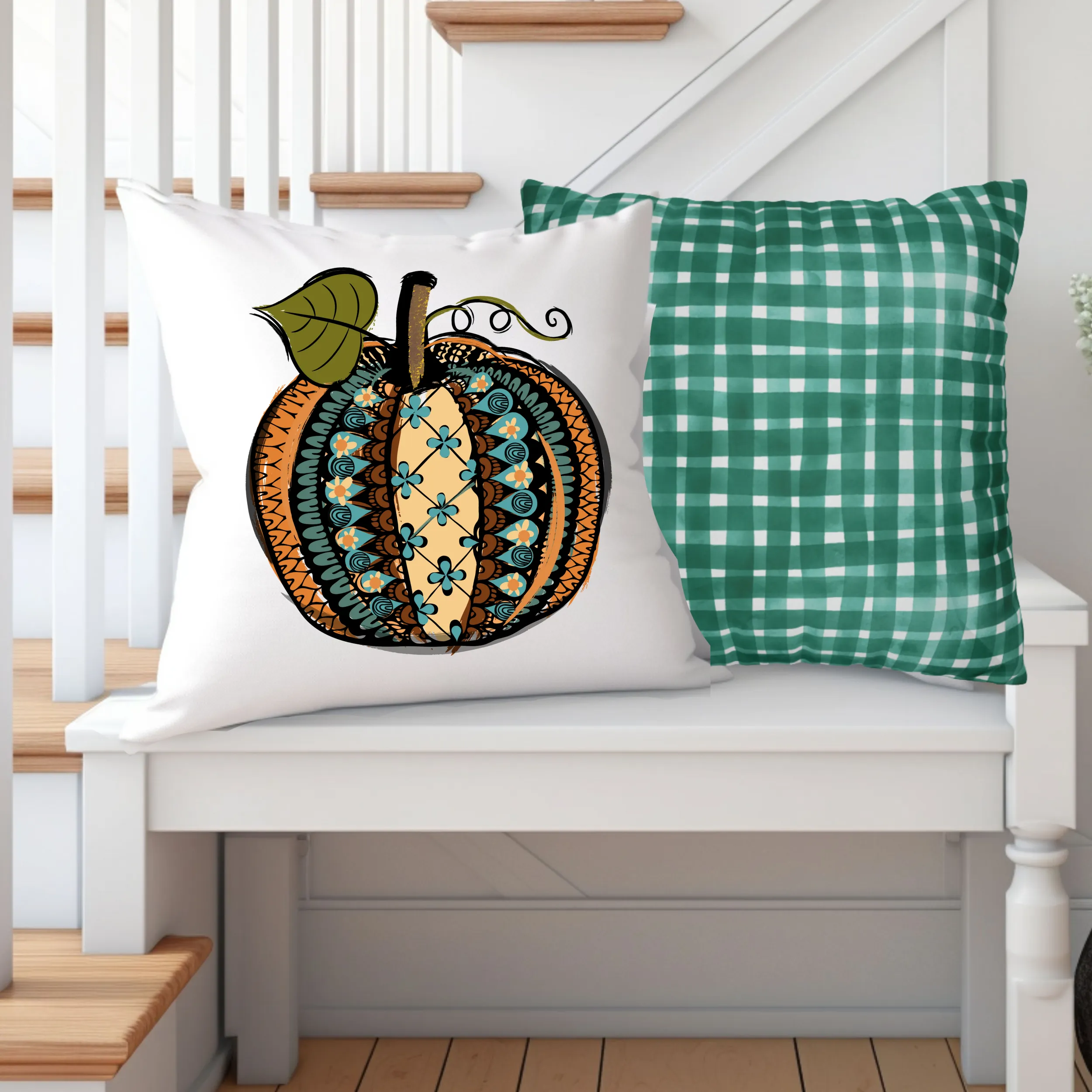 Fall Pillow Covers, Rustic Country Square, White Background Farmhouse Decor Pillowcase Set, Pumpkin Designs