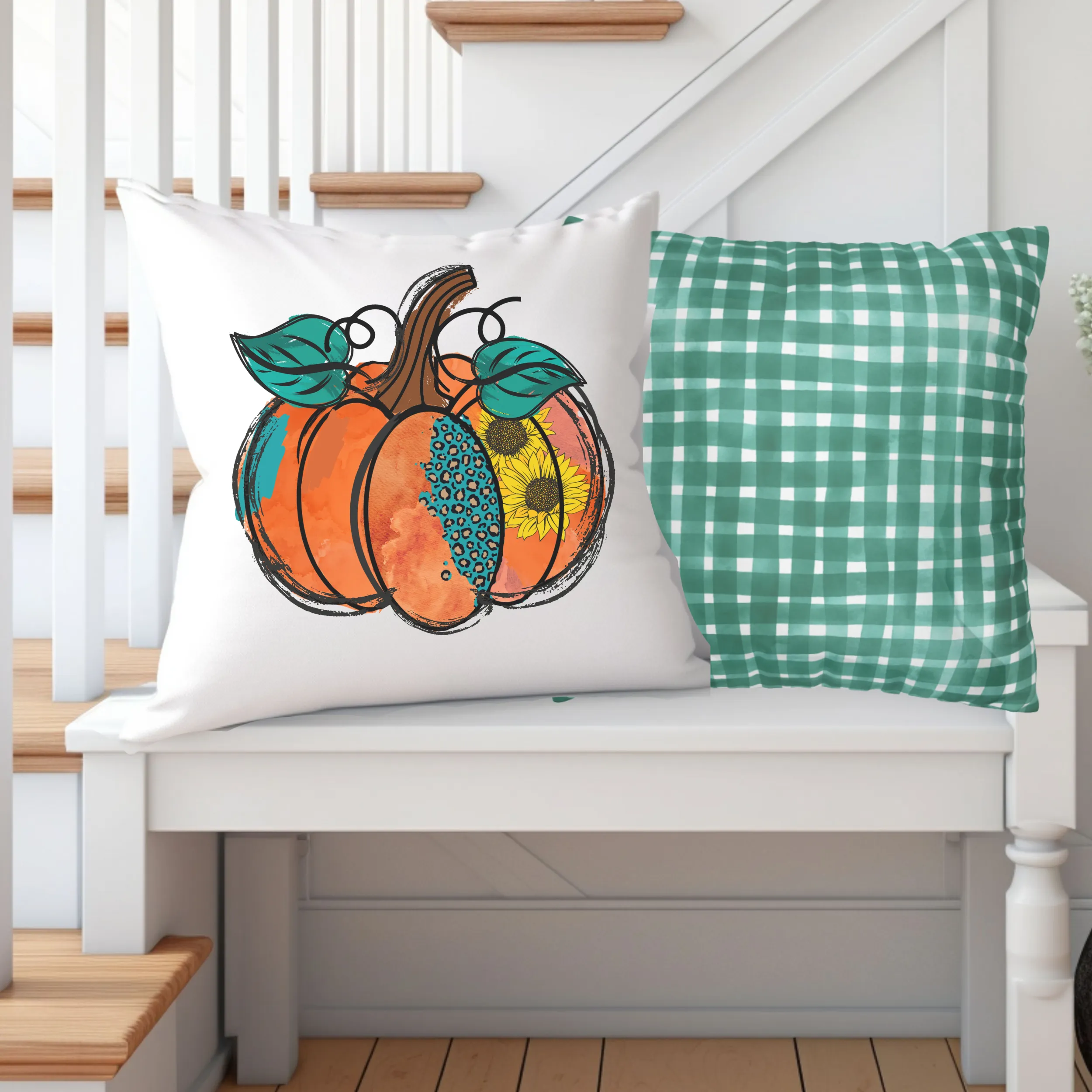 Fall Pillow Covers, Rustic Country Square, White Background Farmhouse Decor Pillowcase Set, Pumpkin Designs