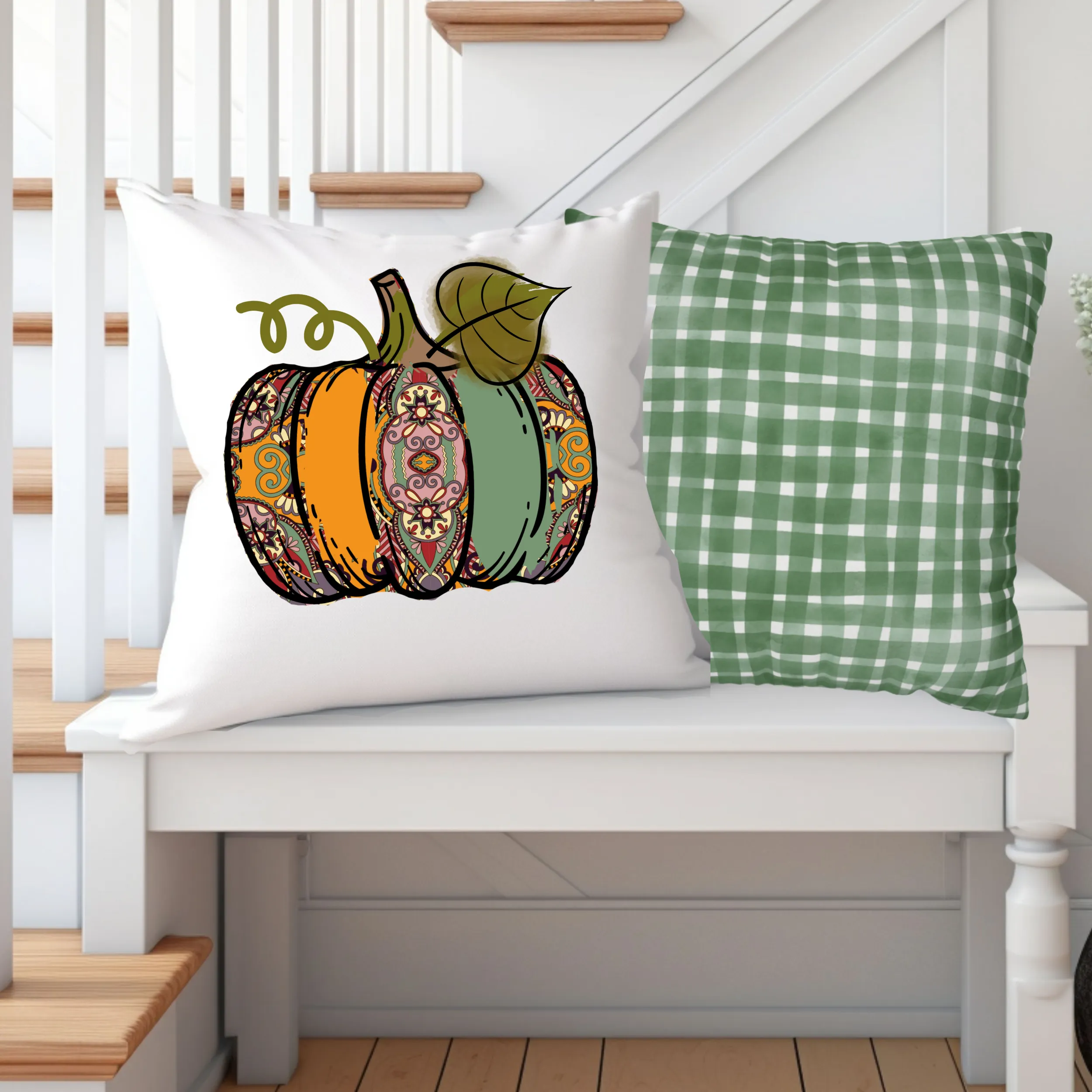 Fall Pillow Covers, Rustic Country Square, White Background Farmhouse Decor Pillowcase Set, Pumpkin Designs