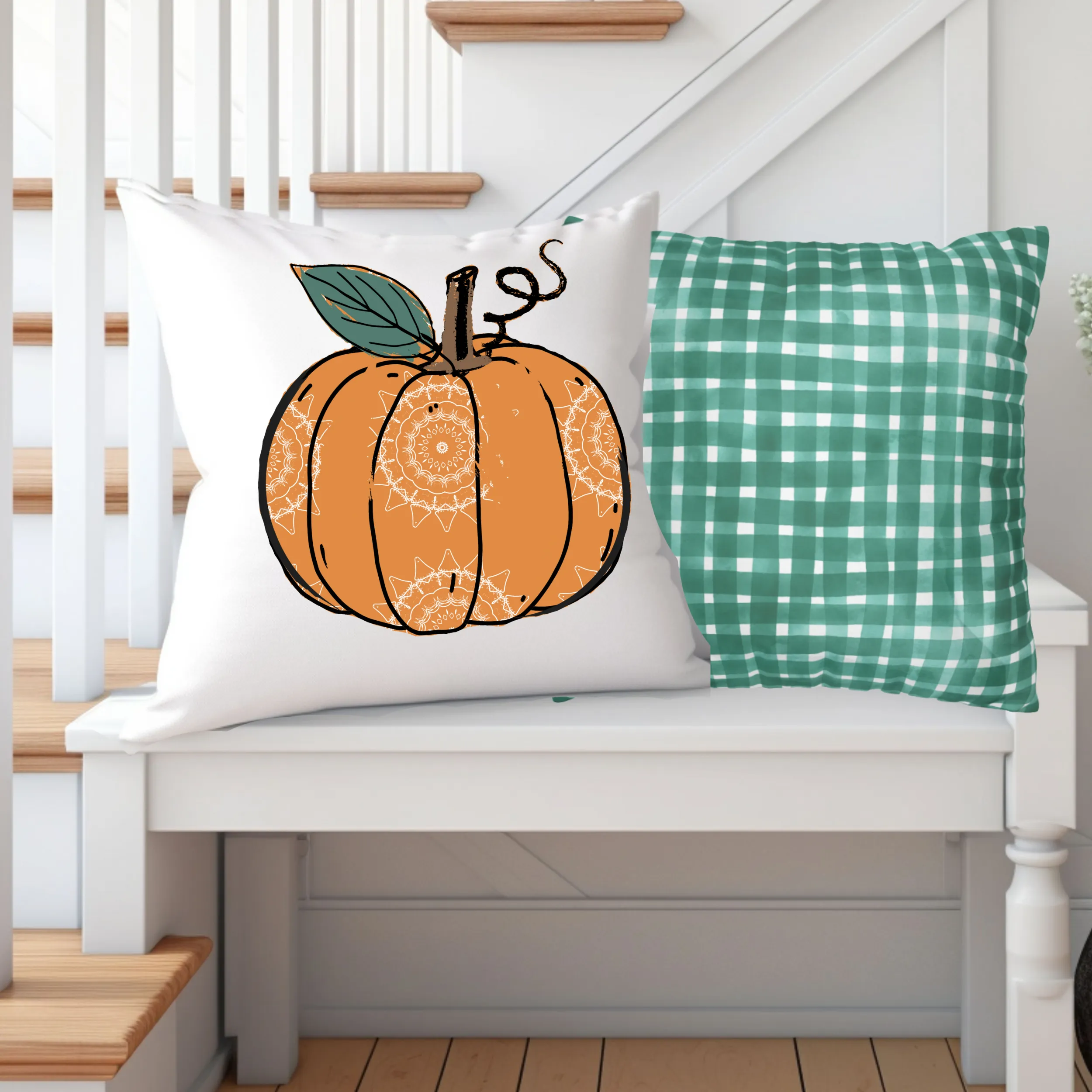 Fall Pillow Covers, Rustic Country Square, White Background Farmhouse Decor Pillowcase Set, Pumpkin Designs