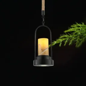 Faux Candle Wine Bar Pendant Lamp - Rural Marble, 1-Light - Black Hanging Light with Arched Frame & Rope Detail