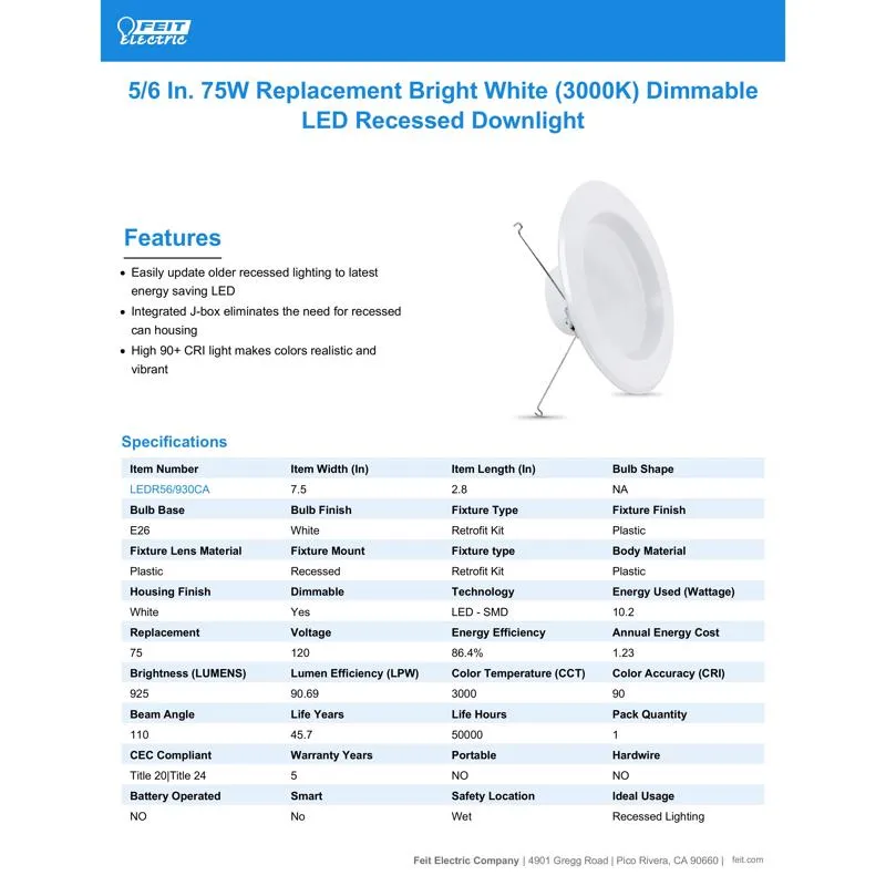 Feit Enhance Bright White 5-6 in. W LED Dimmable Recessed Downlight 10.2 W