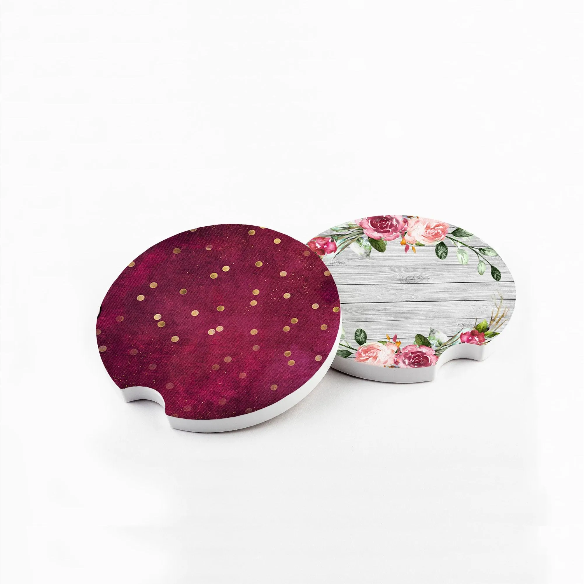 Floral Wood Car Coaster -  Sandstone Car Coaster Set of 2 - Maroon Rose Pink Gold Glitter