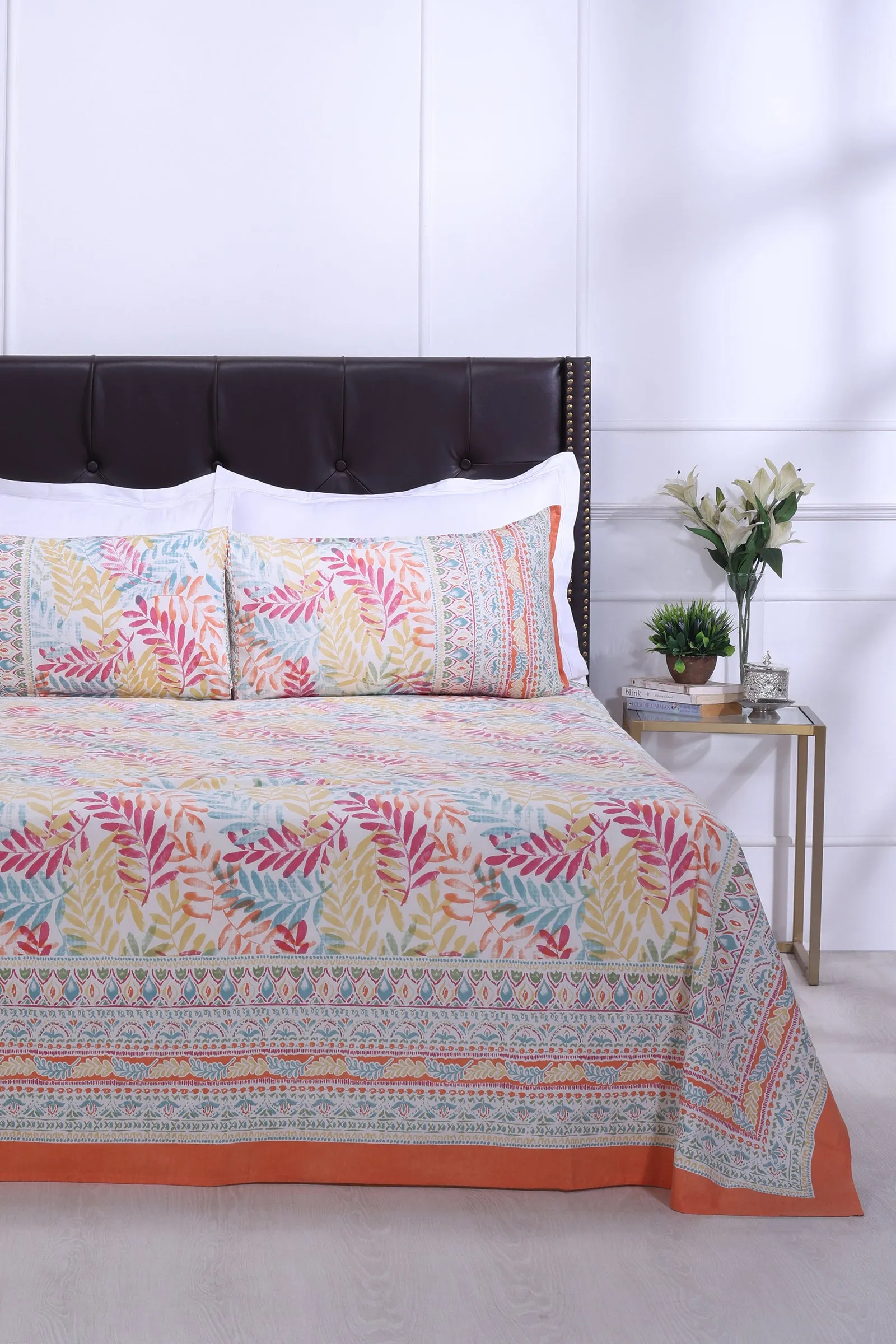 French Leaves Orange Cotton Bedsheet