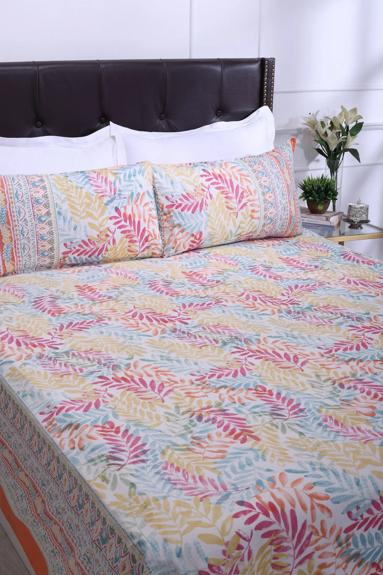 French Leaves Orange Cotton Bedsheet